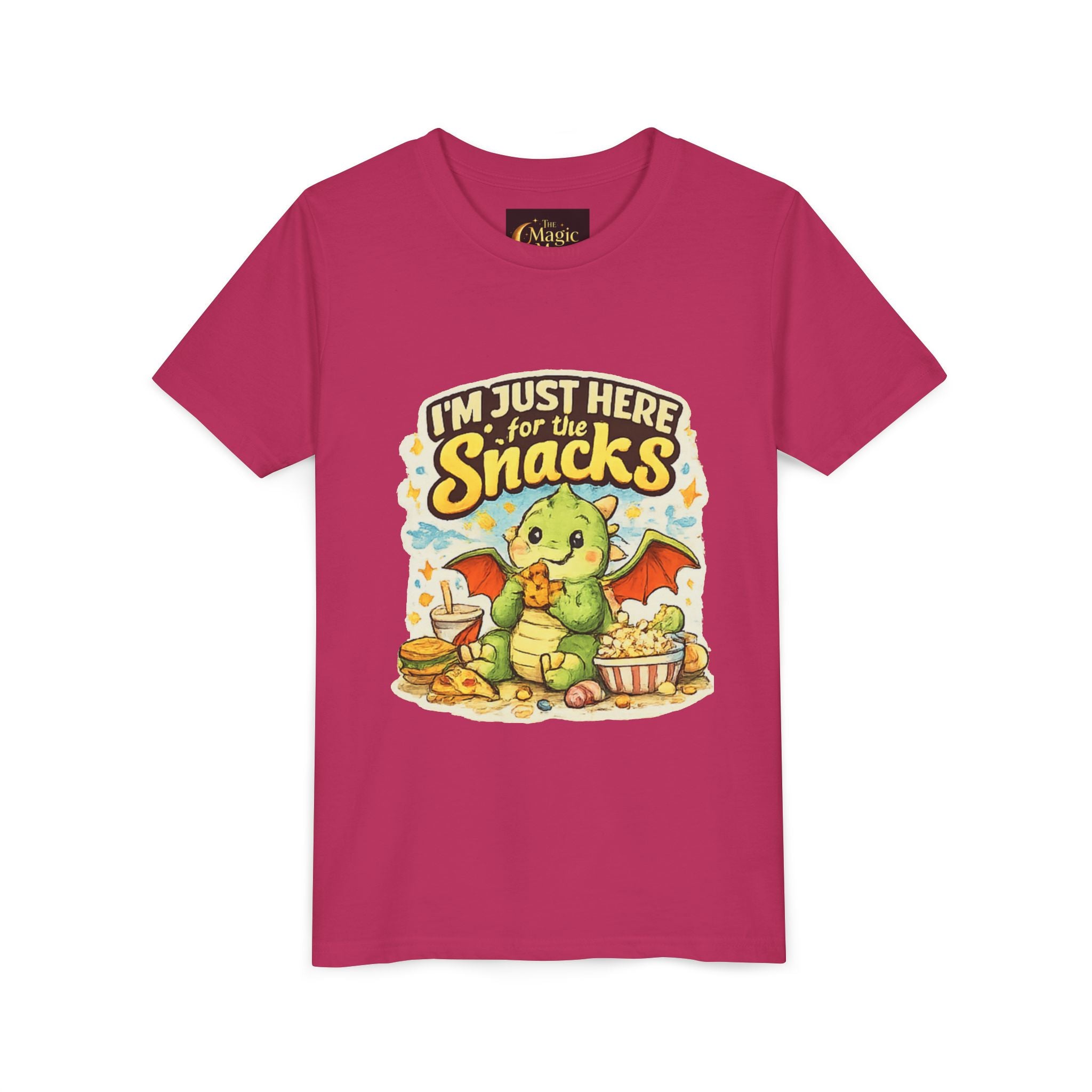 Kids Tee — Cute Dragon “I’m Just Here for the Snacks” Graphic T-Shirt