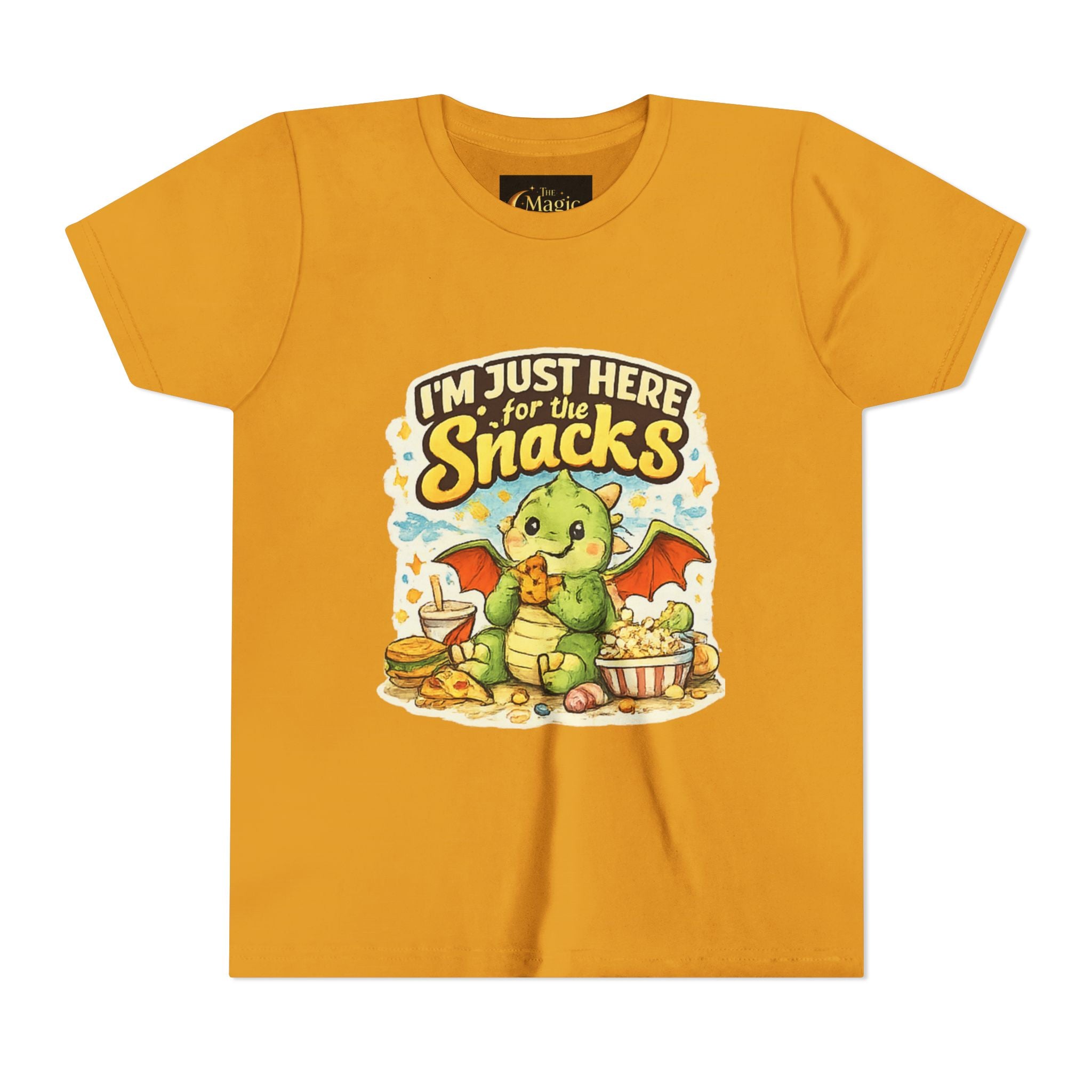 Kids Tee — Cute Dragon “I’m Just Here for the Snacks” Graphic T-Shirt
