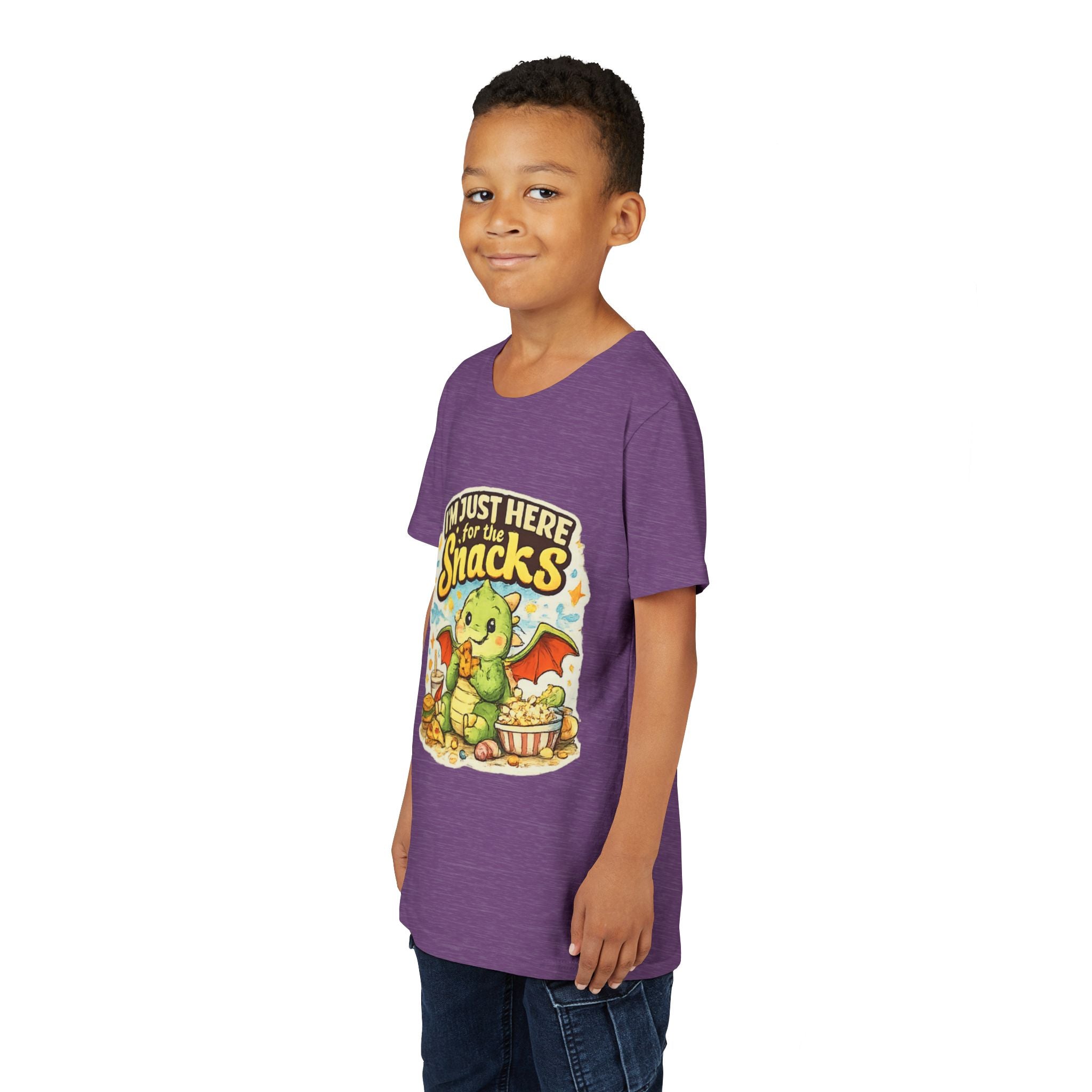Kids Tee — Cute Dragon “I’m Just Here for the Snacks” Graphic T-Shirt