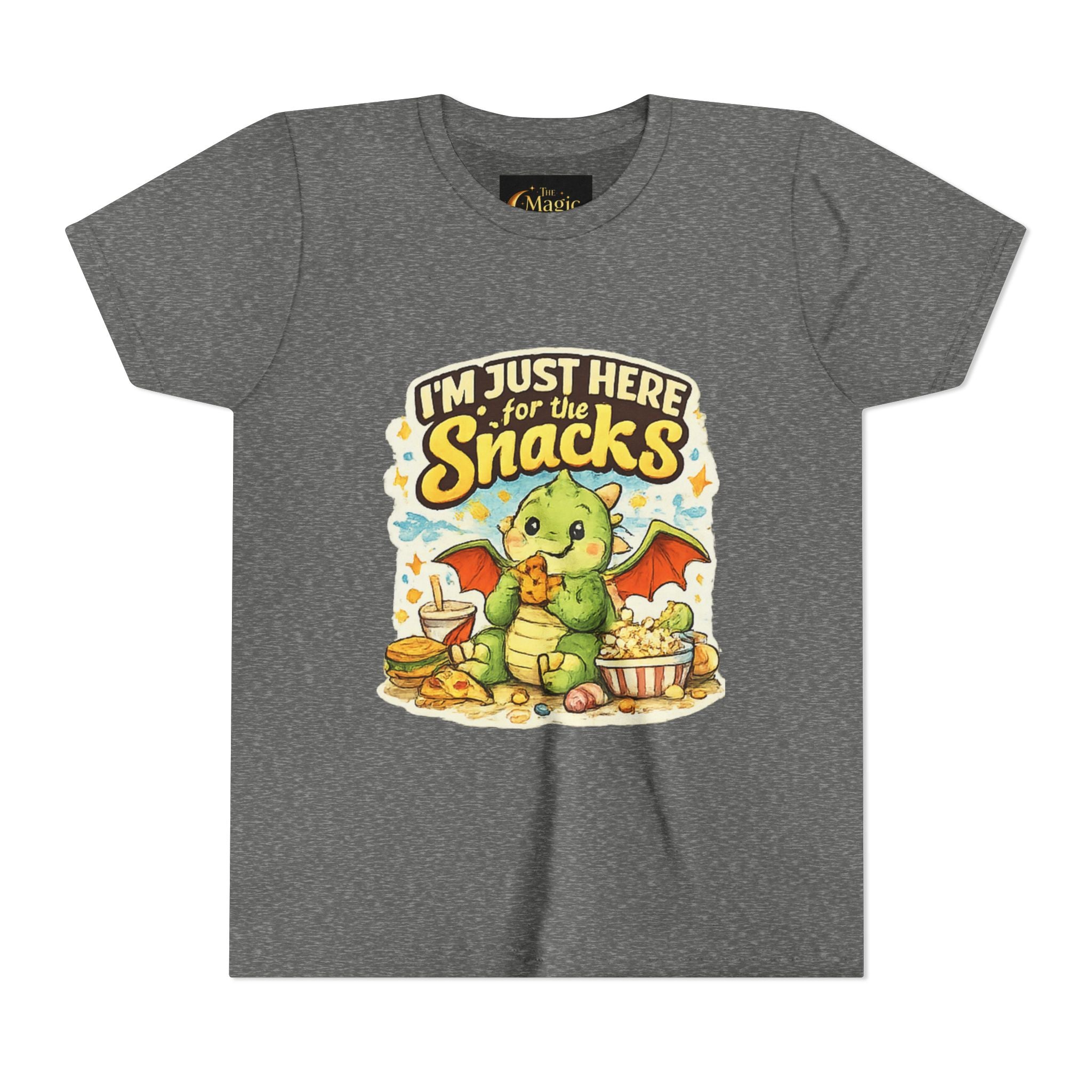 Kids Tee — Cute Dragon “I’m Just Here for the Snacks” Graphic T-Shirt