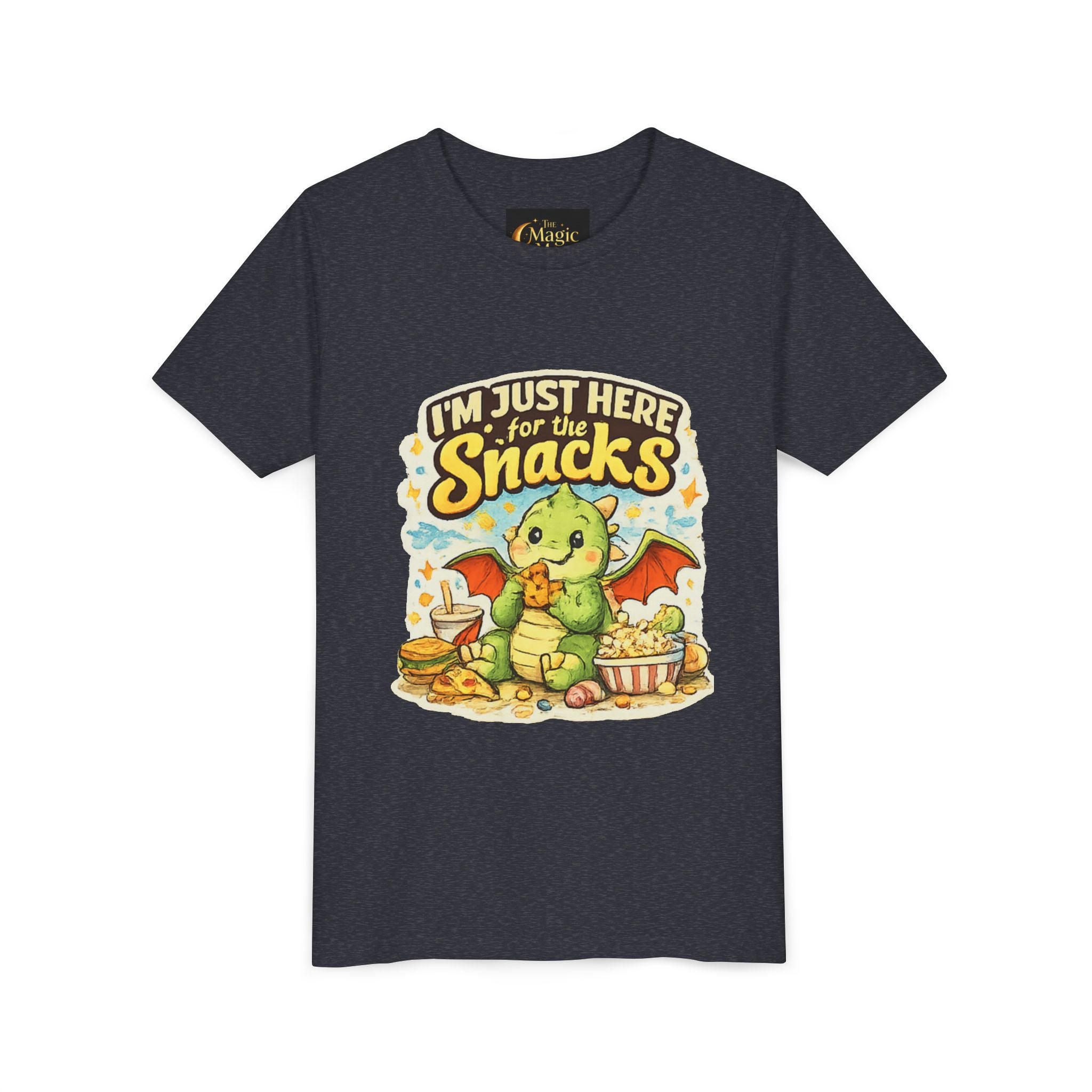 Kids Tee — Cute Dragon “I’m Just Here for the Snacks” Graphic T-Shirt