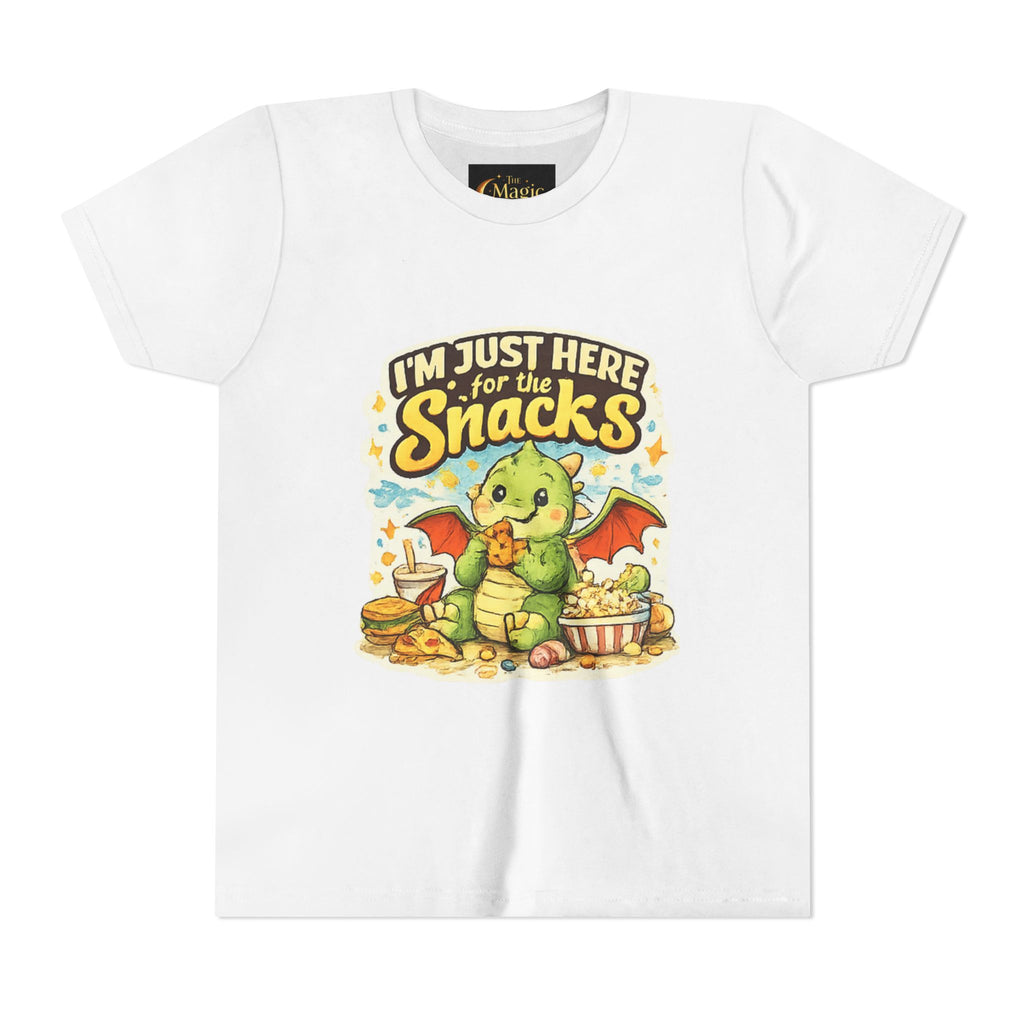 Kids Tee — Cute Dragon “I’m Just Here for the Snacks” Graphic T-Shirt