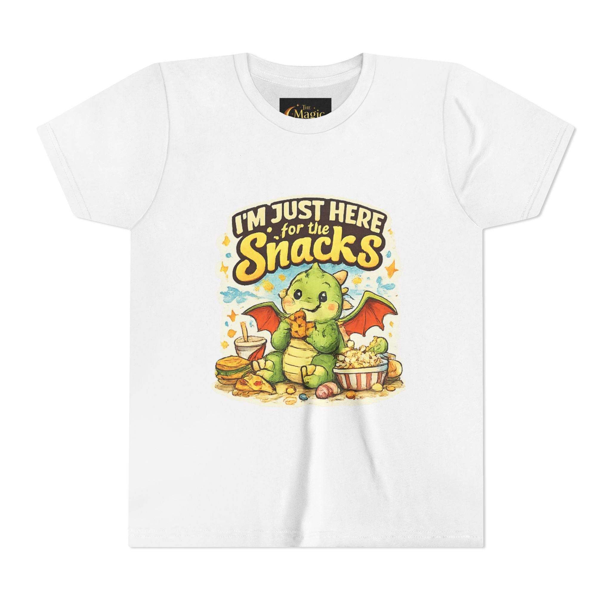Kids Tee — Cute Dragon “I’m Just Here for the Snacks” Graphic T-Shirt