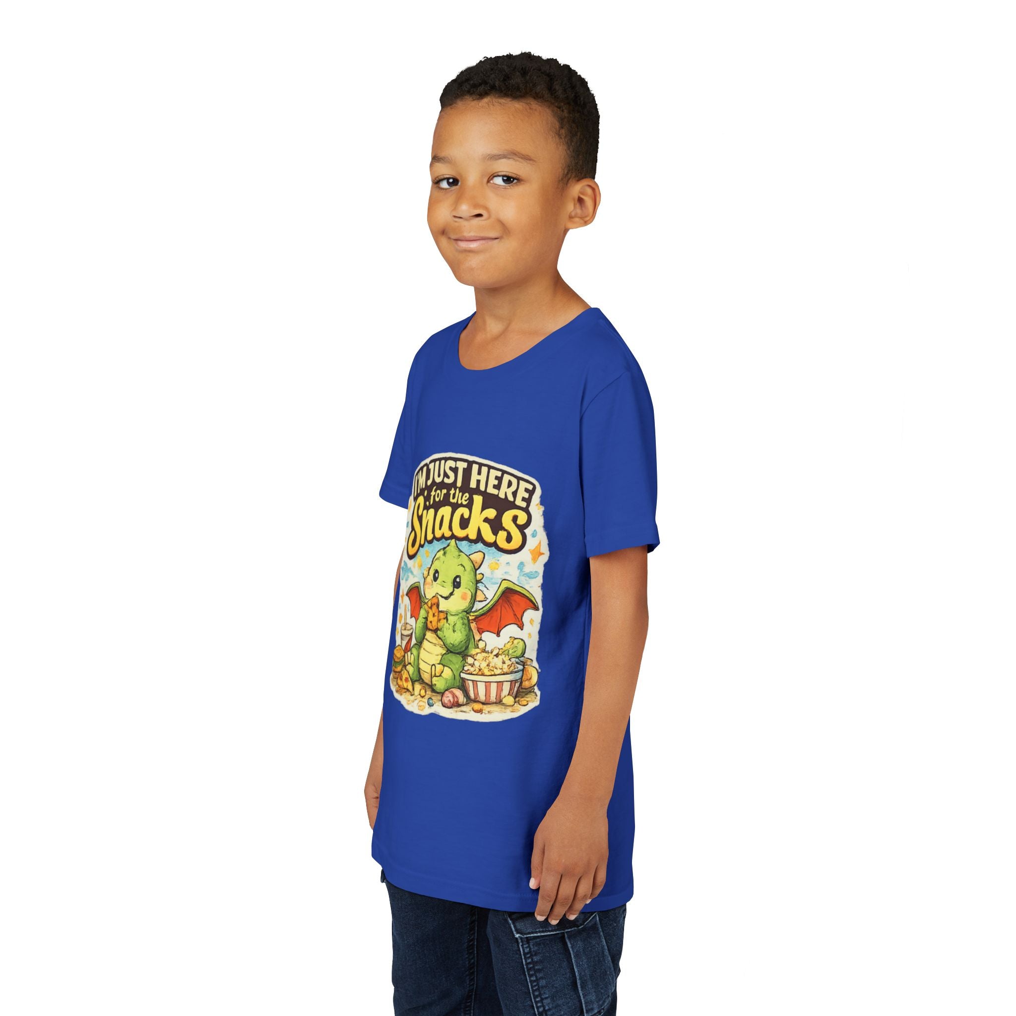 Kids Tee — Cute Dragon “I’m Just Here for the Snacks” Graphic T-Shirt