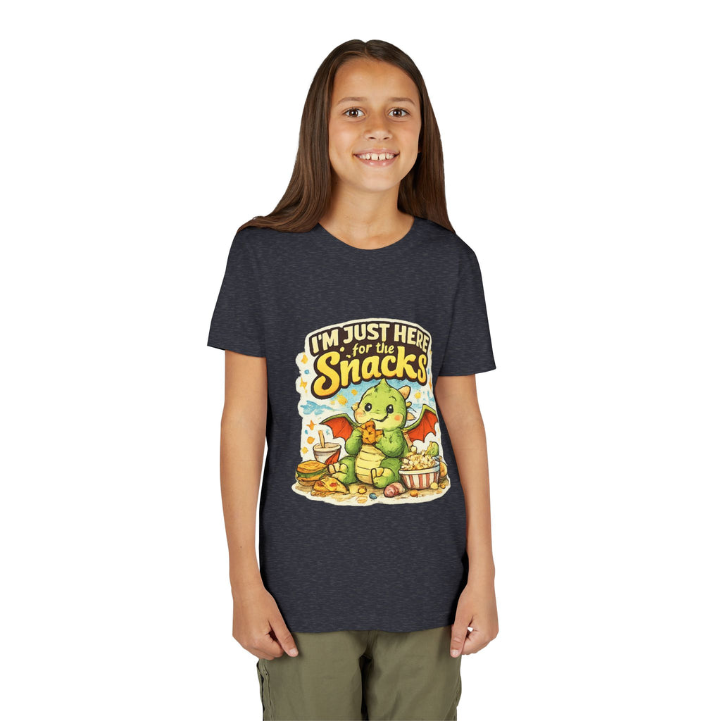 Kids Tee — Cute Dragon “I’m Just Here for the Snacks” Graphic T-Shirt