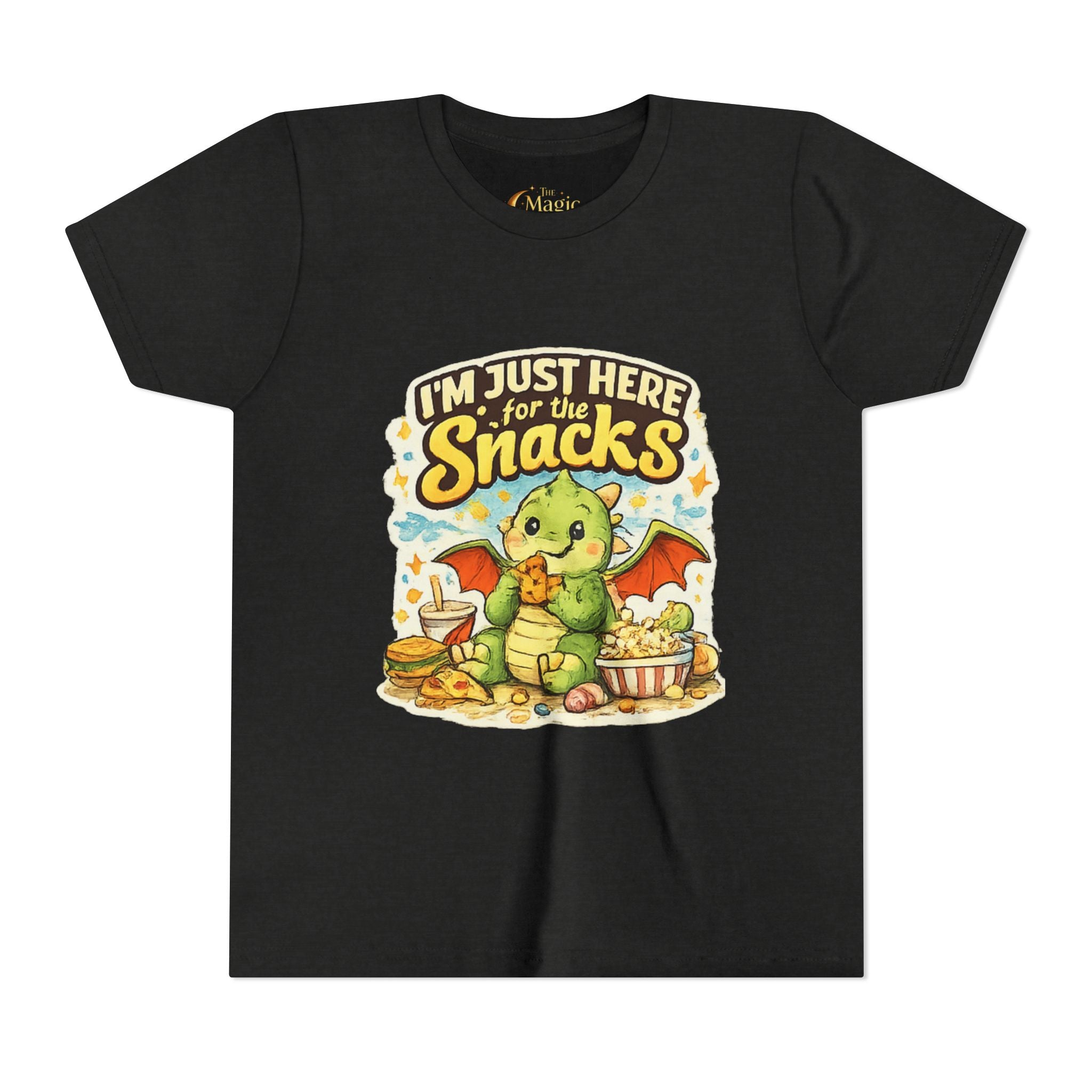Kids Tee — Cute Dragon “I’m Just Here for the Snacks” Graphic T-Shirt