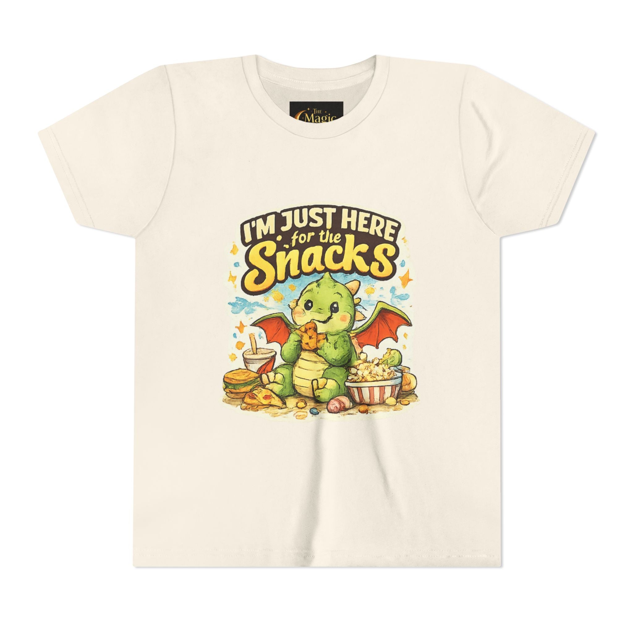 Kids Tee — Cute Dragon “I’m Just Here for the Snacks” Graphic T-Shirt
