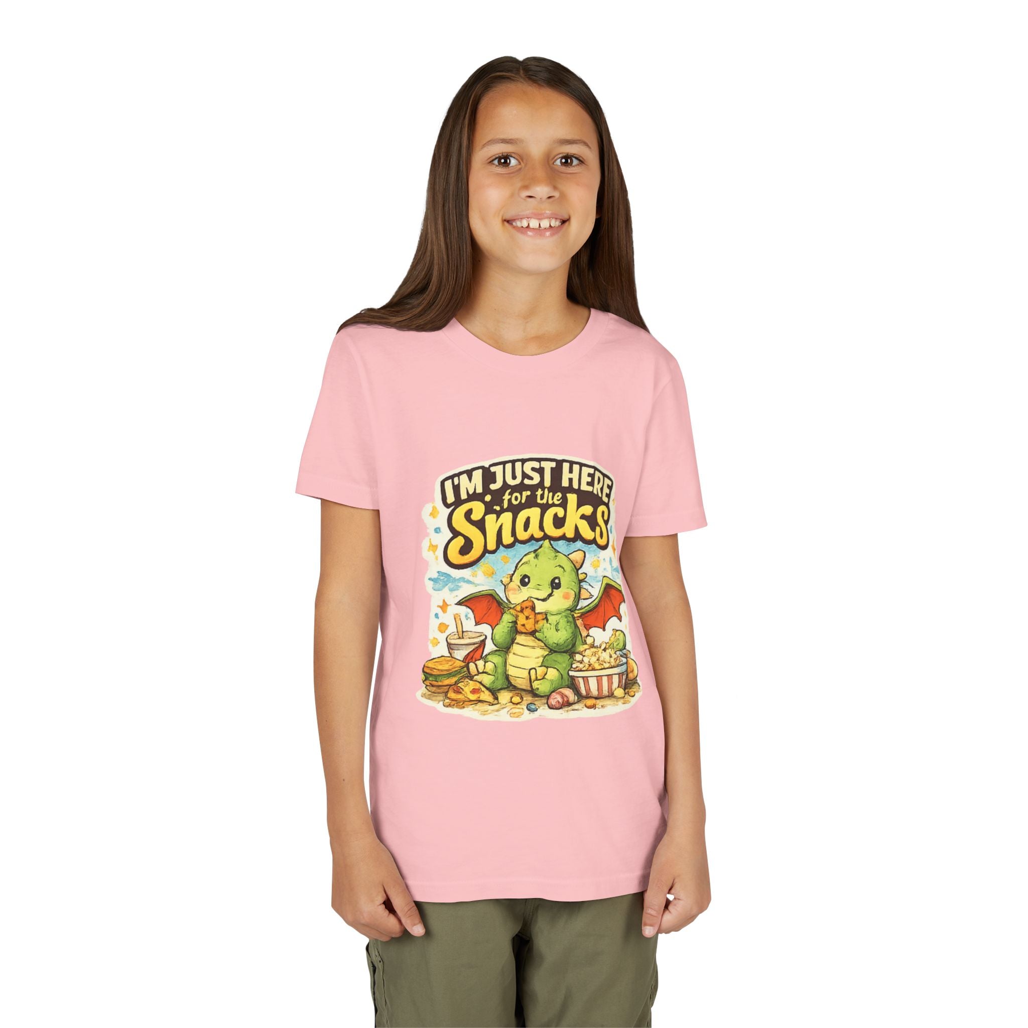 Kids Tee — Cute Dragon “I’m Just Here for the Snacks” Graphic T-Shirt