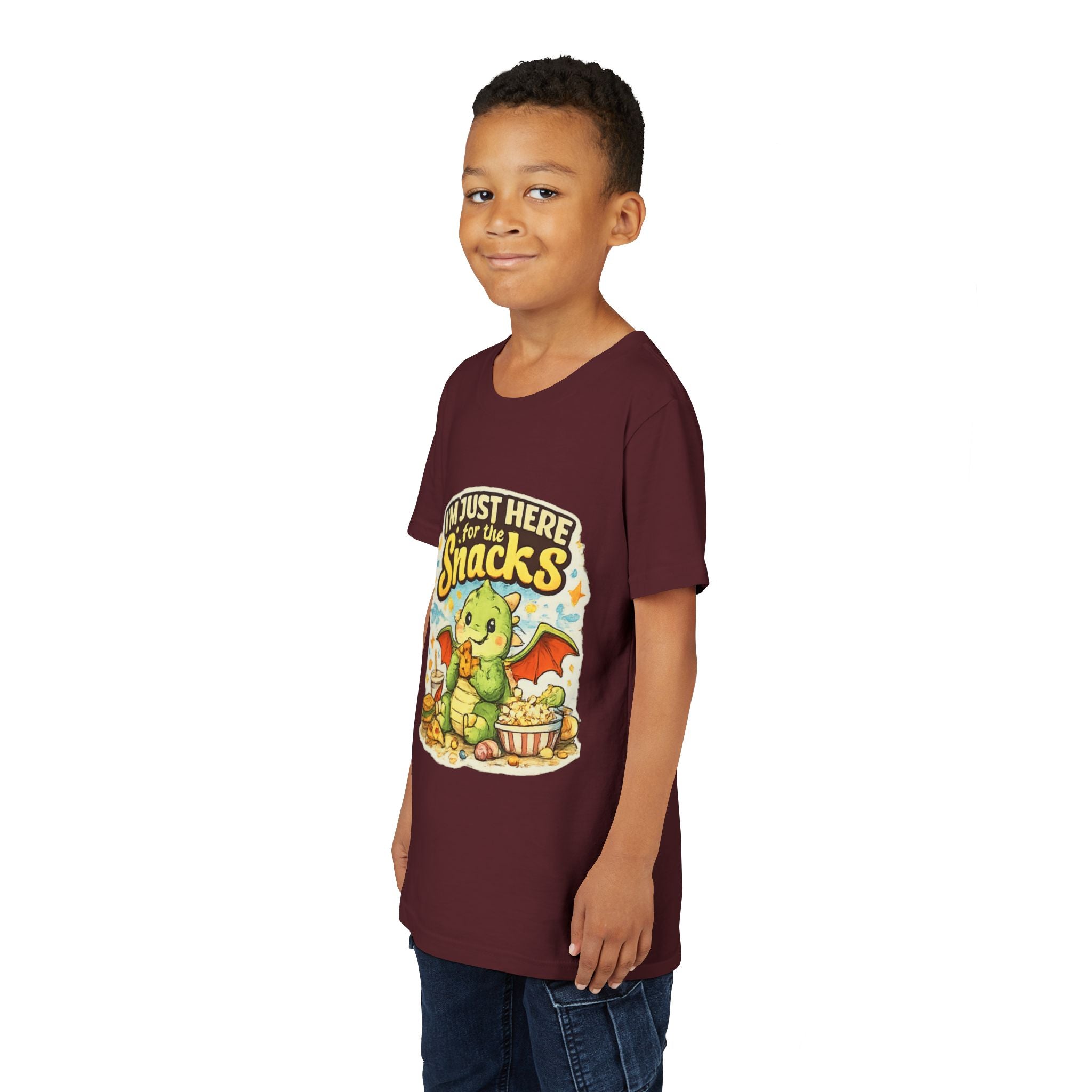 Kids Tee — Cute Dragon “I’m Just Here for the Snacks” Graphic T-Shirt