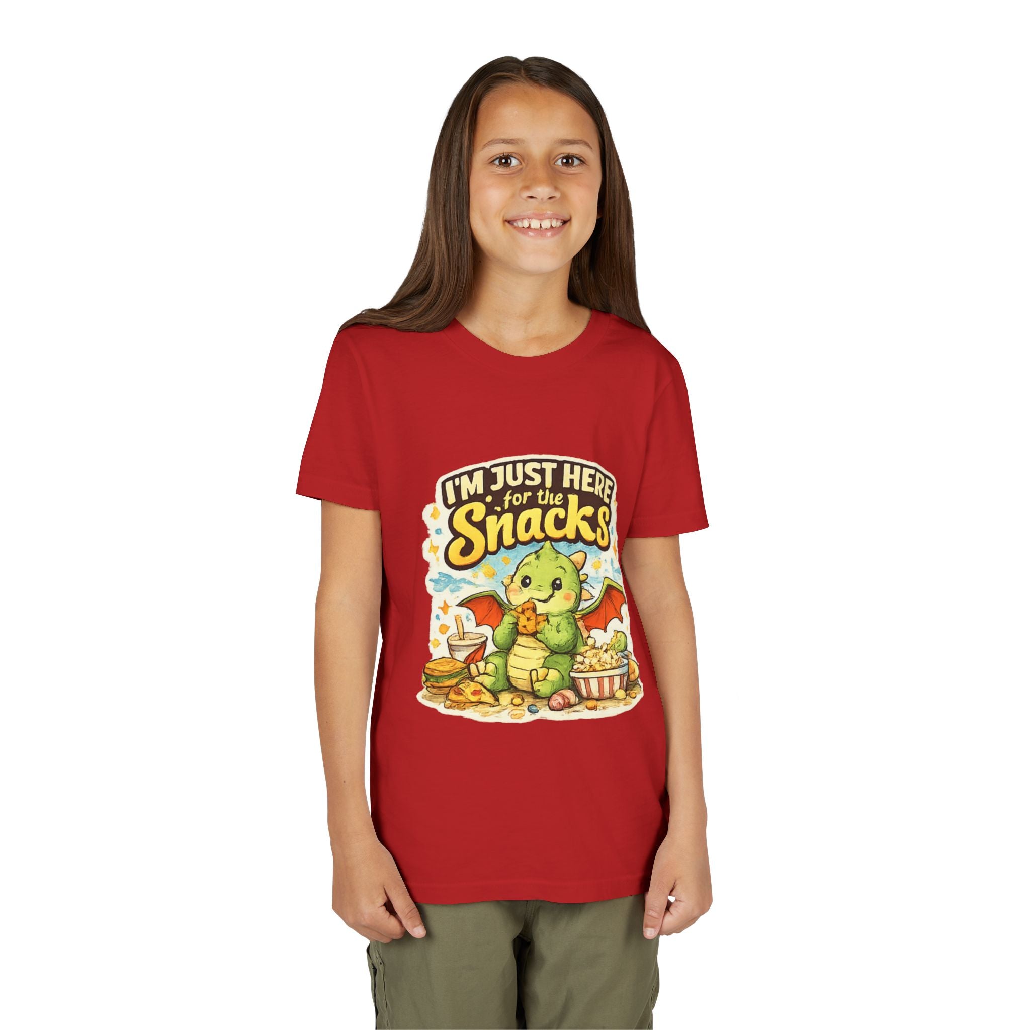 Kids Tee — Cute Dragon “I’m Just Here for the Snacks” Graphic T-Shirt