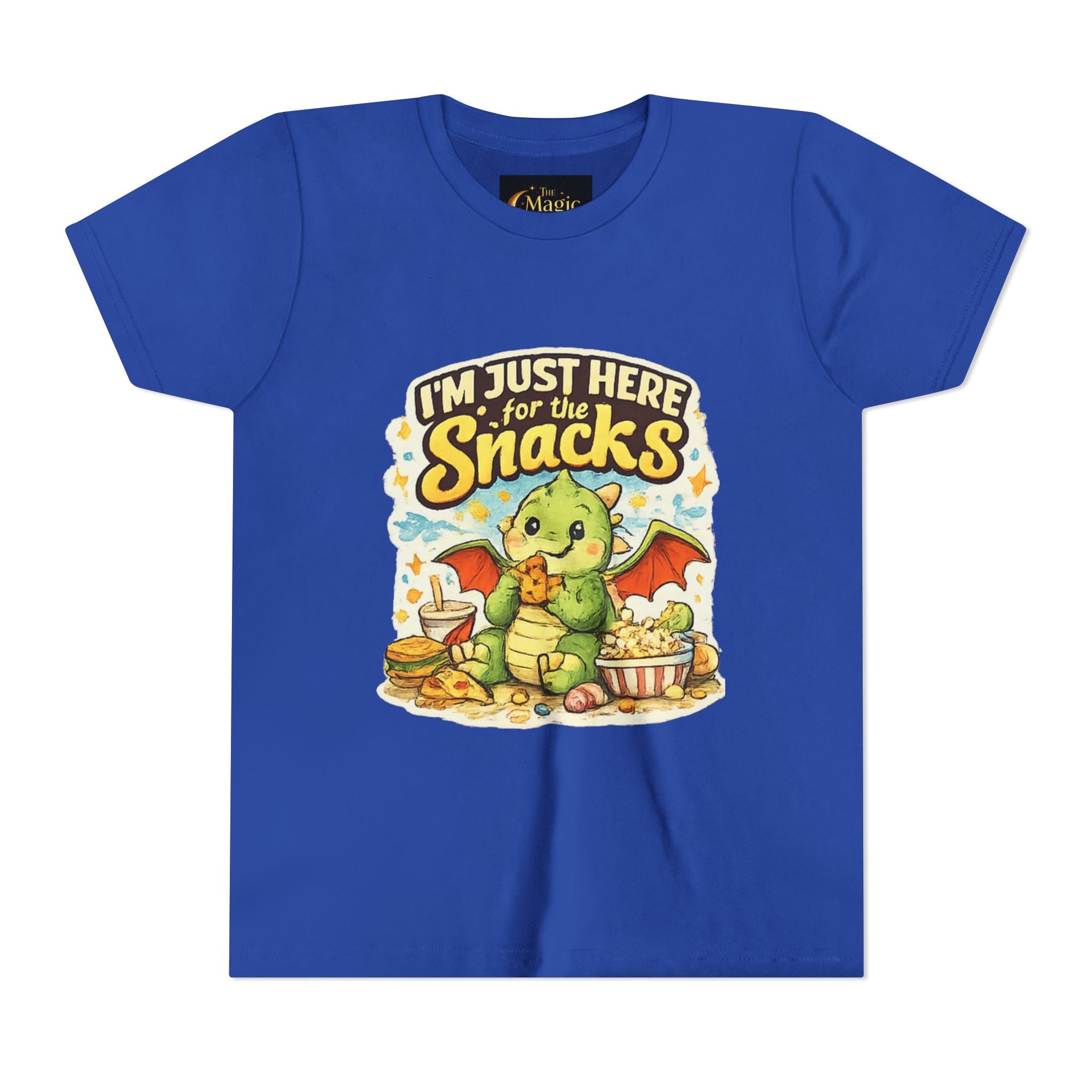 Kids Tee — Cute Dragon “I’m Just Here for the Snacks” Graphic T-Shirt