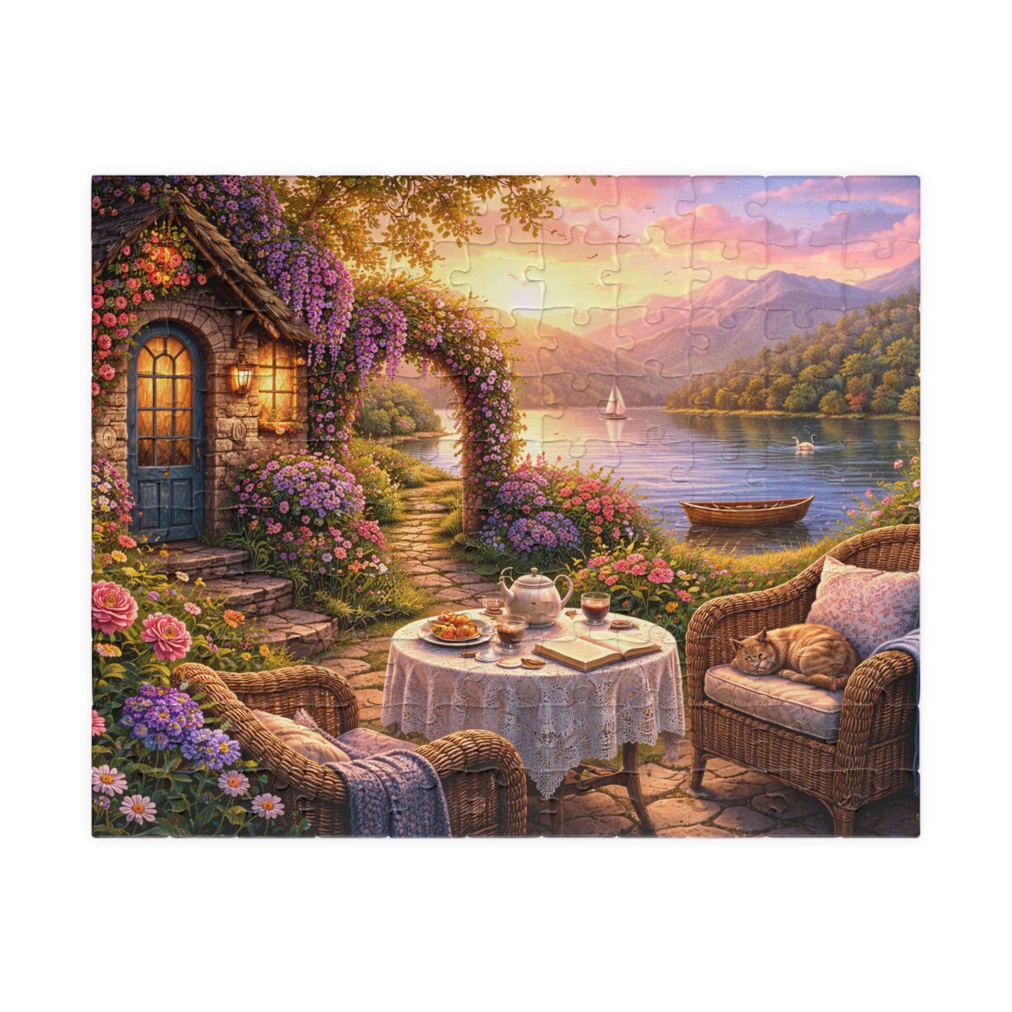 Scenic Lakeside Cottage Puzzle — Tranquil Tea Time 110–1014 Piece Jigsaw