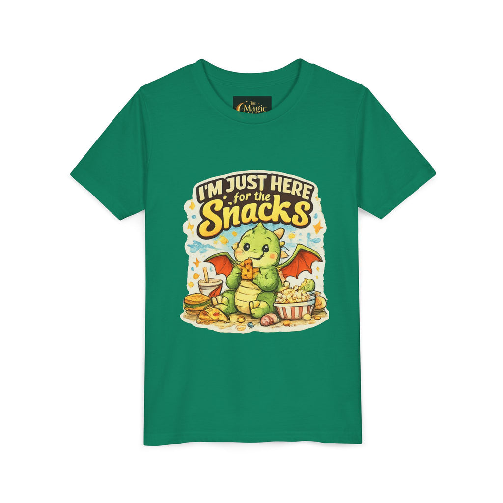 Kids Tee — Cute Dragon “I’m Just Here for the Snacks” Graphic T-Shirt
