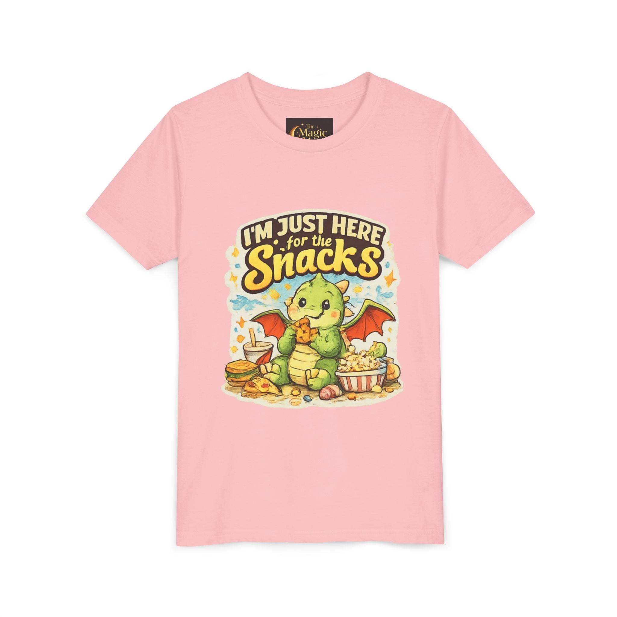 Kids Tee — Cute Dragon “I’m Just Here for the Snacks” Graphic T-Shirt