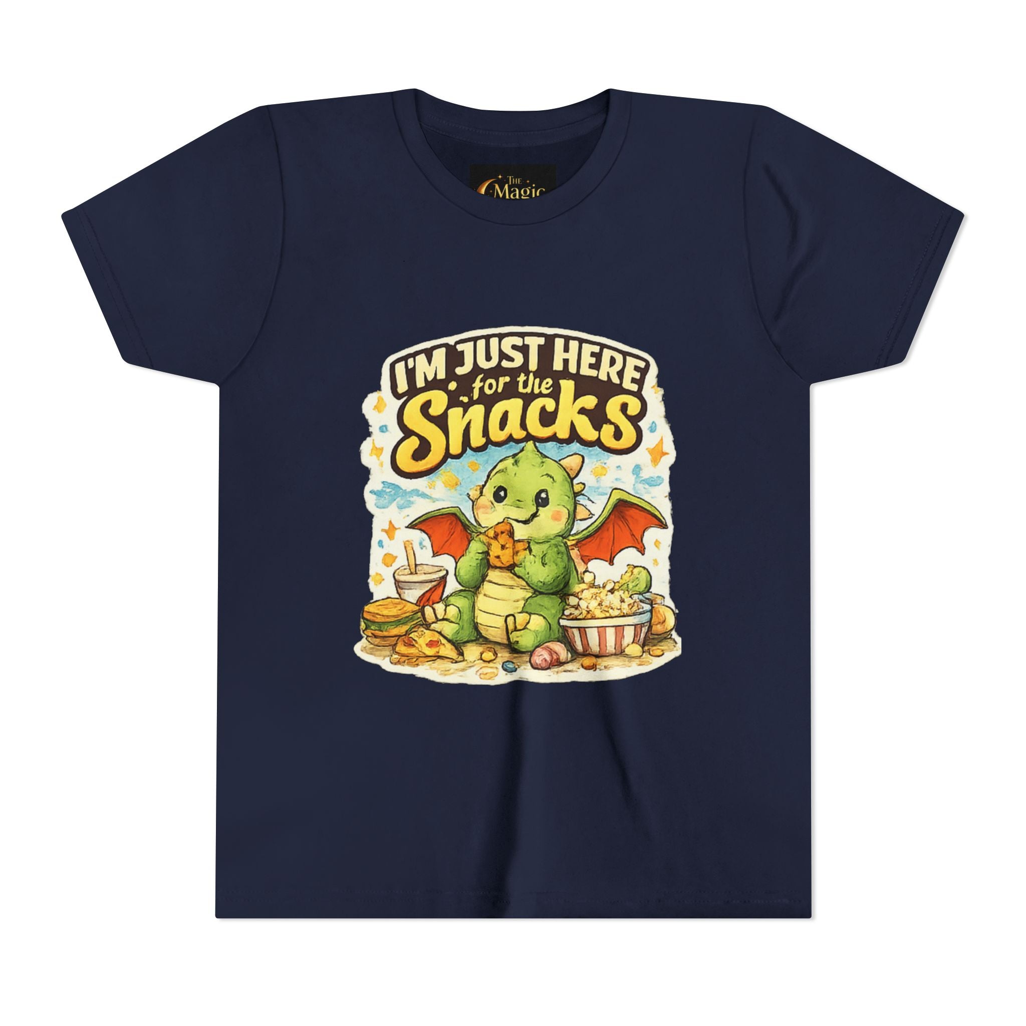 Kids Tee — Cute Dragon “I’m Just Here for the Snacks” Graphic T-Shirt