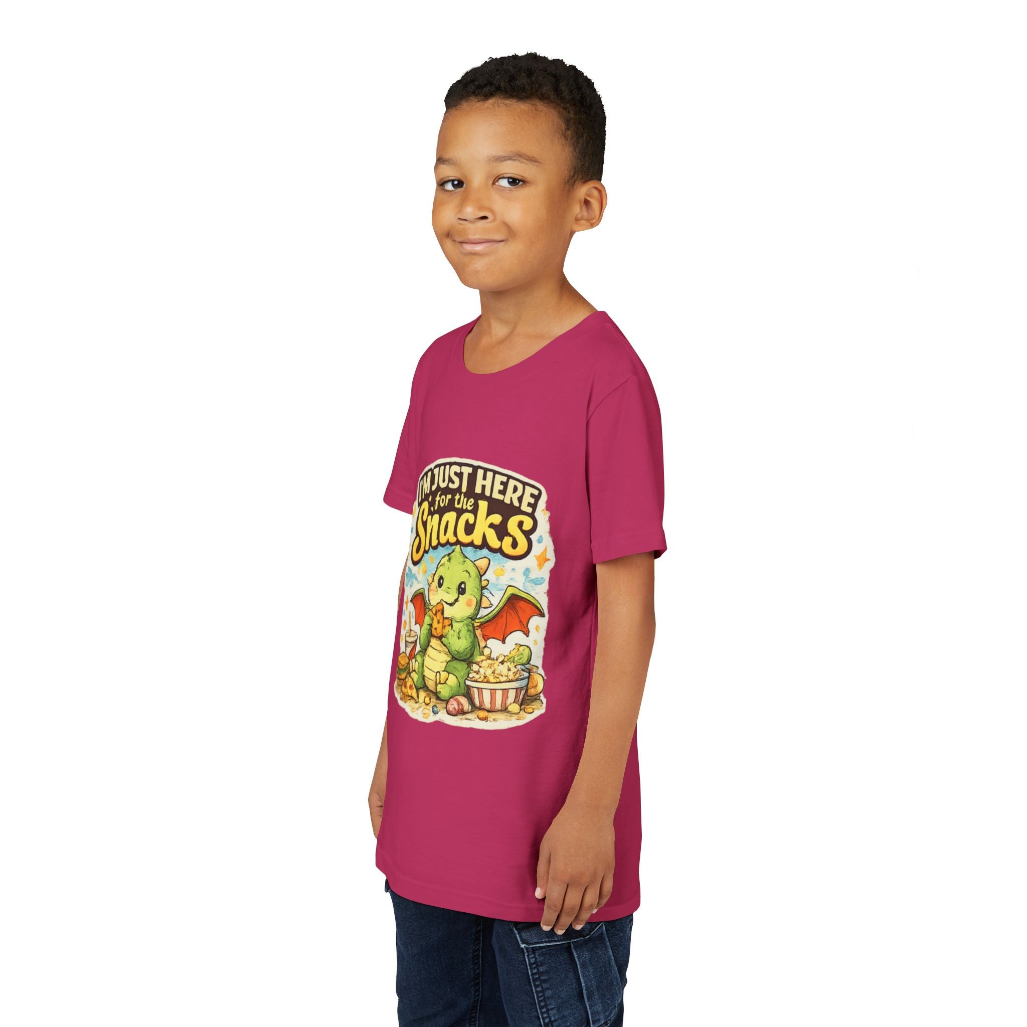 Kids Tee — Cute Dragon “I’m Just Here for the Snacks” Graphic T-Shirt