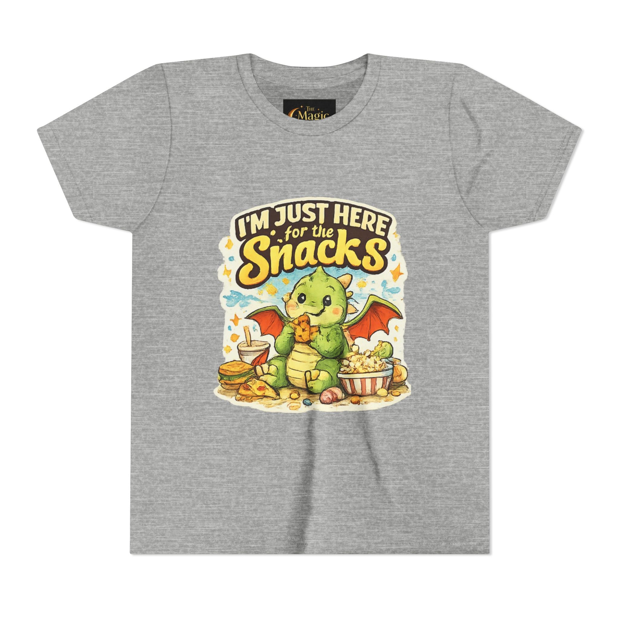 Kids Tee — Cute Dragon “I’m Just Here for the Snacks” Graphic T-Shirt