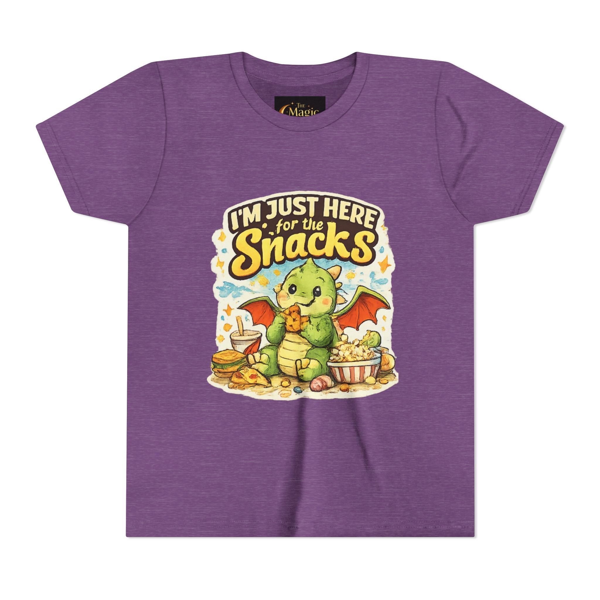 Kids Tee — Cute Dragon “I’m Just Here for the Snacks” Graphic T-Shirt