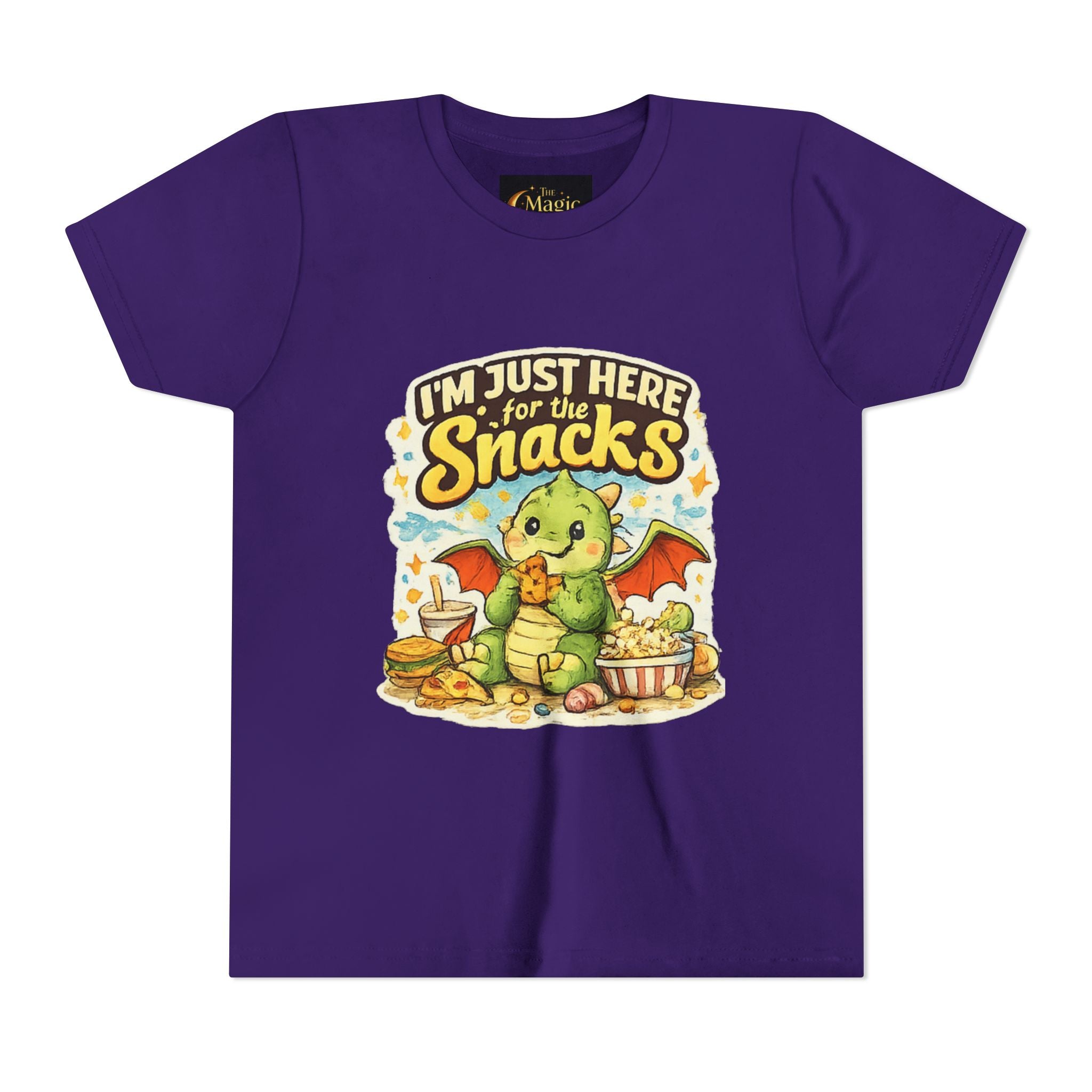 Kids Tee — Cute Dragon “I’m Just Here for the Snacks” Graphic T-Shirt