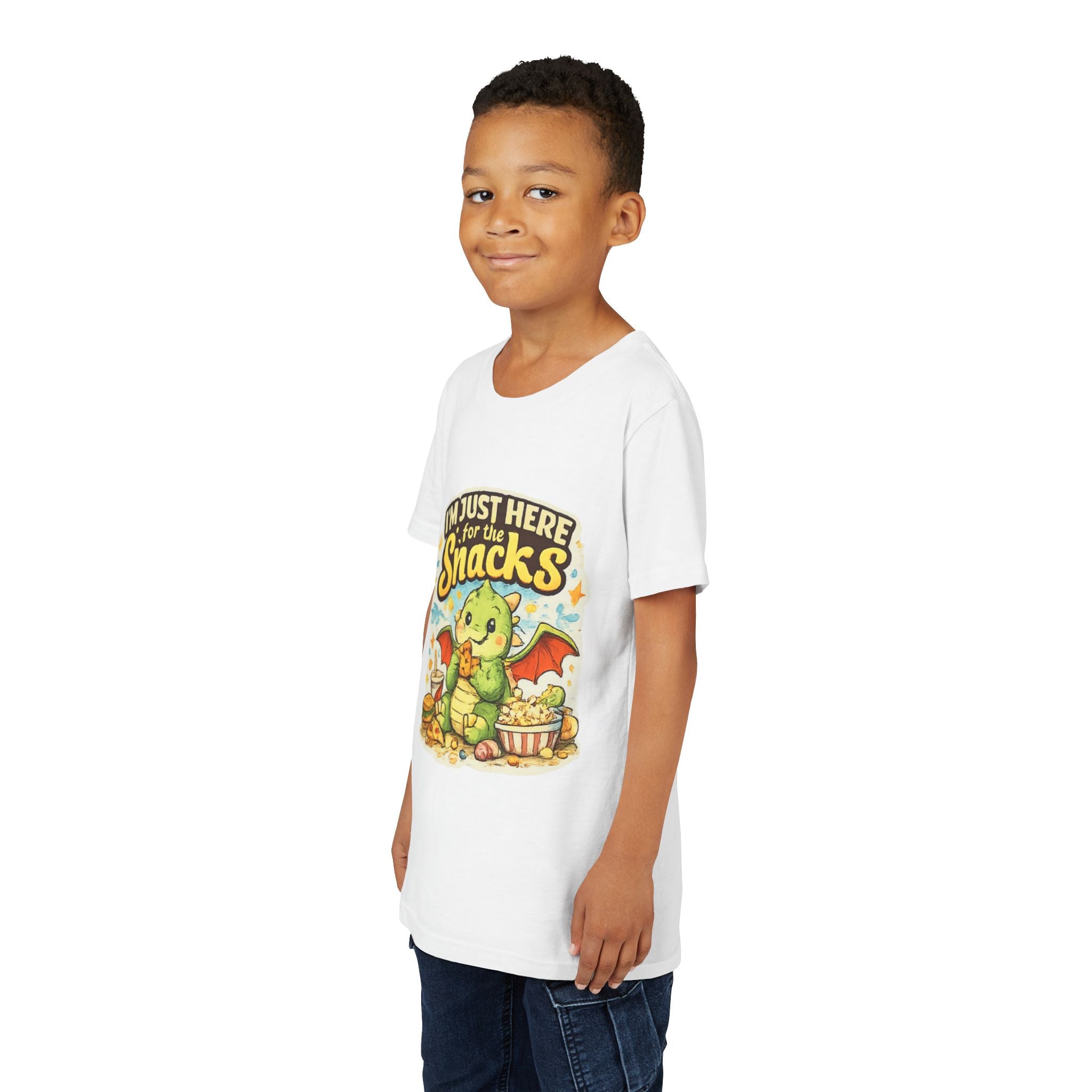 Kids Tee — Cute Dragon “I’m Just Here for the Snacks” Graphic T-Shirt