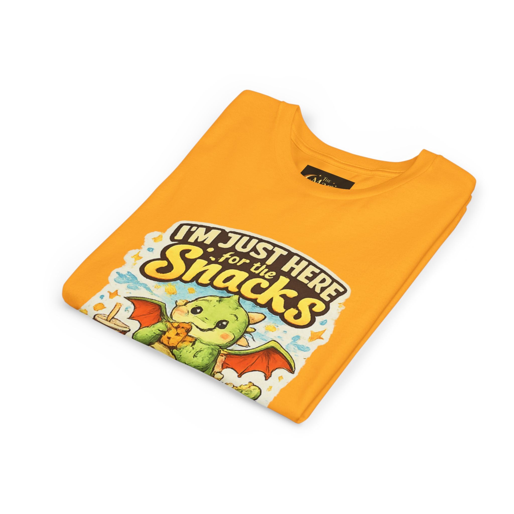 Kids Tee — Cute Dragon “I’m Just Here for the Snacks” Graphic T-Shirt