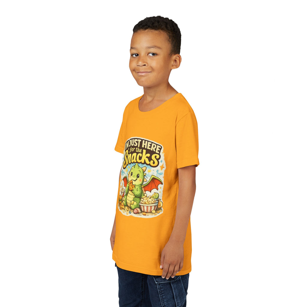 Kids Tee — Cute Dragon “I’m Just Here for the Snacks” Graphic T-Shirt