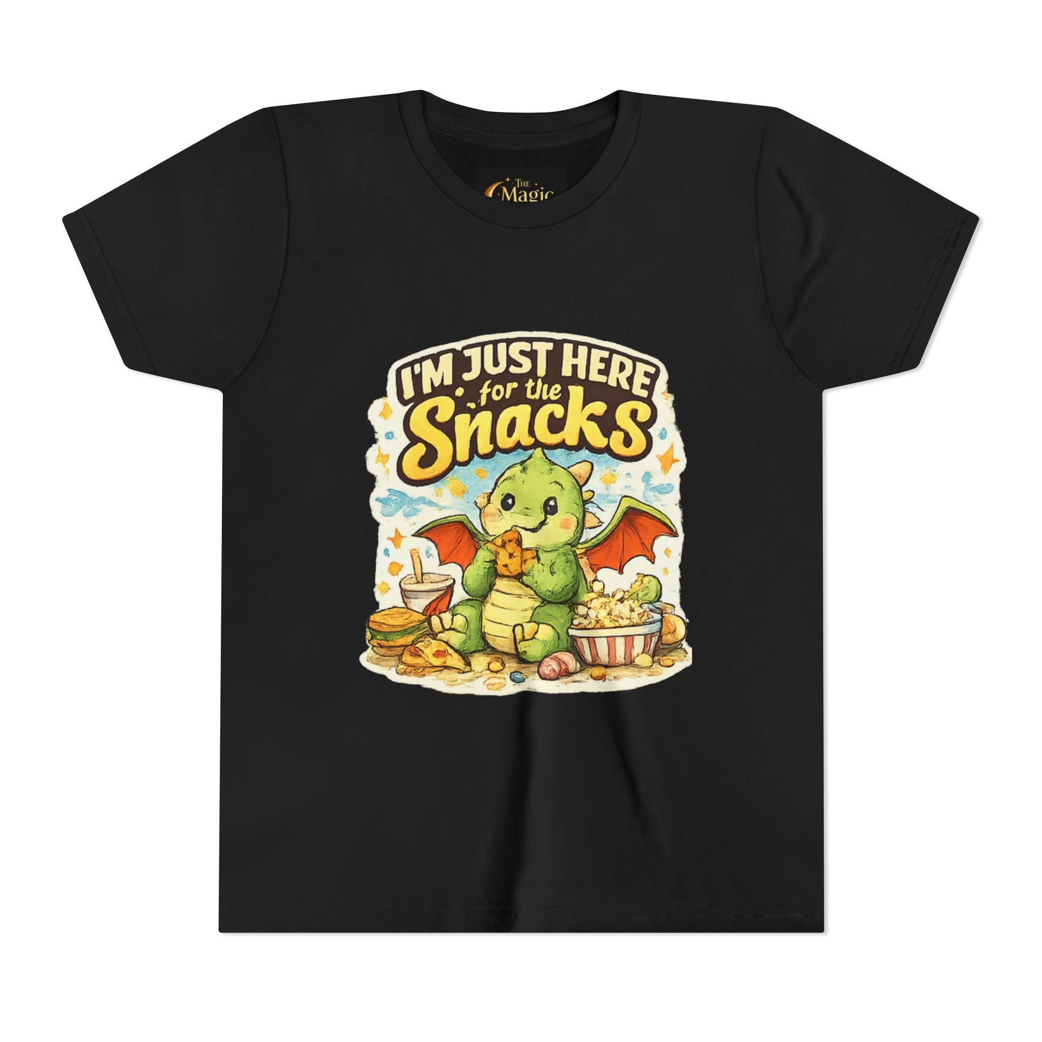 Kids Tee — Cute Dragon “I’m Just Here for the Snacks” Graphic T-Shirt
