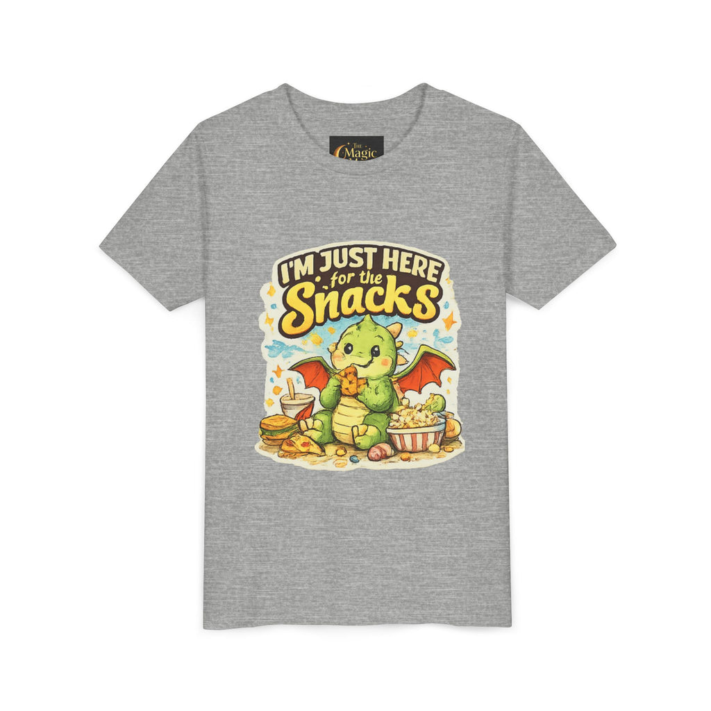 Kids Tee — Cute Dragon “I’m Just Here for the Snacks” Graphic T-Shirt