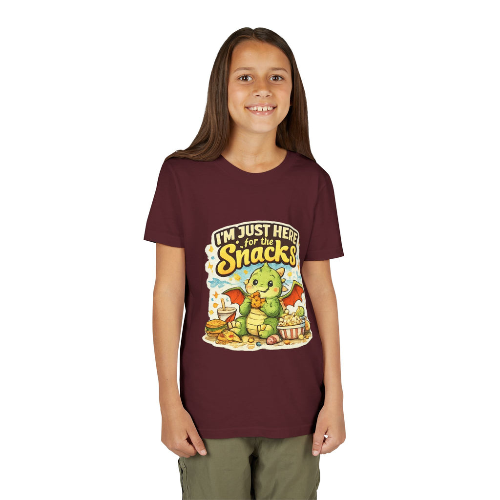 Kids Tee — Cute Dragon “I’m Just Here for the Snacks” Graphic T-Shirt