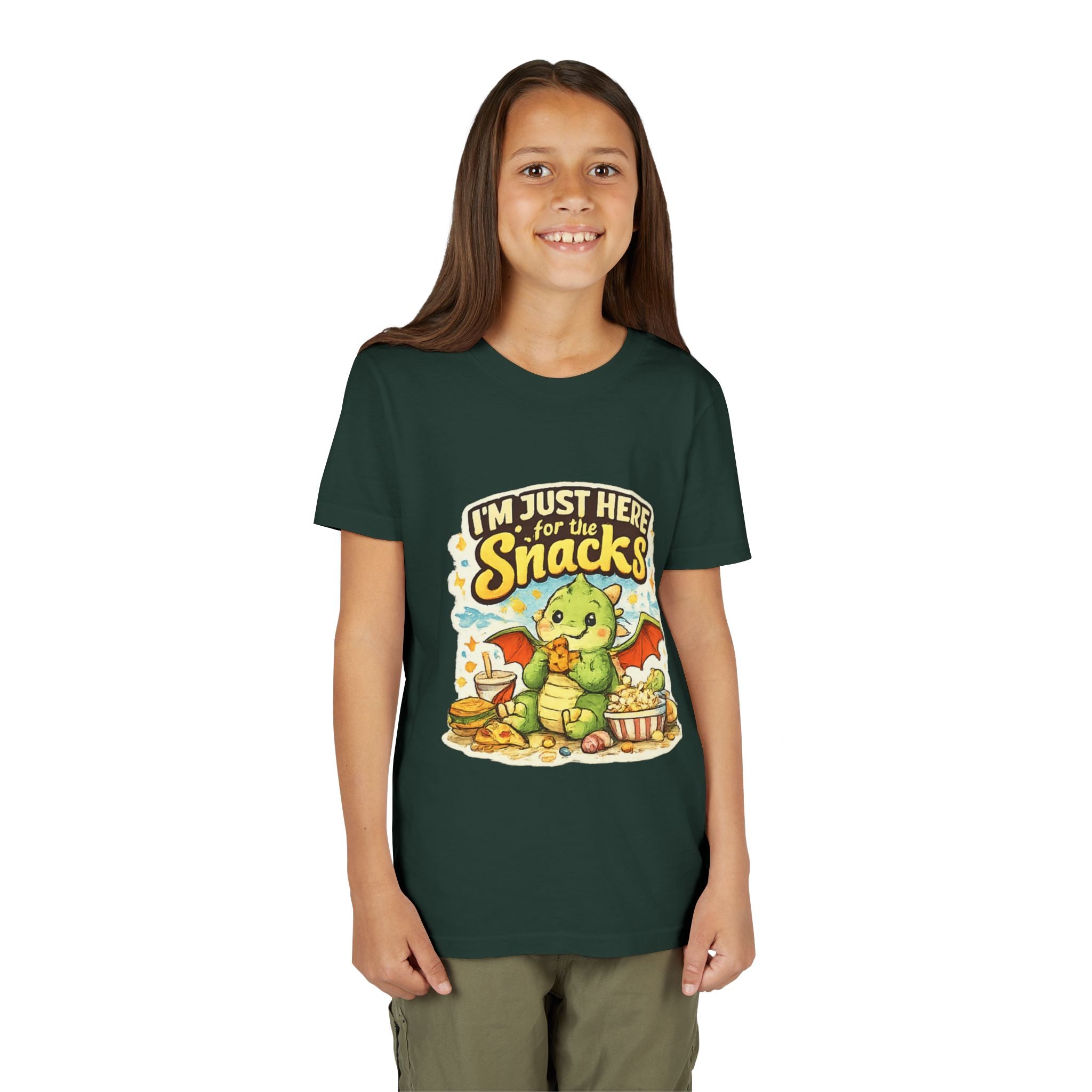 Kids Tee — Cute Dragon “I’m Just Here for the Snacks” Graphic T-Shirt