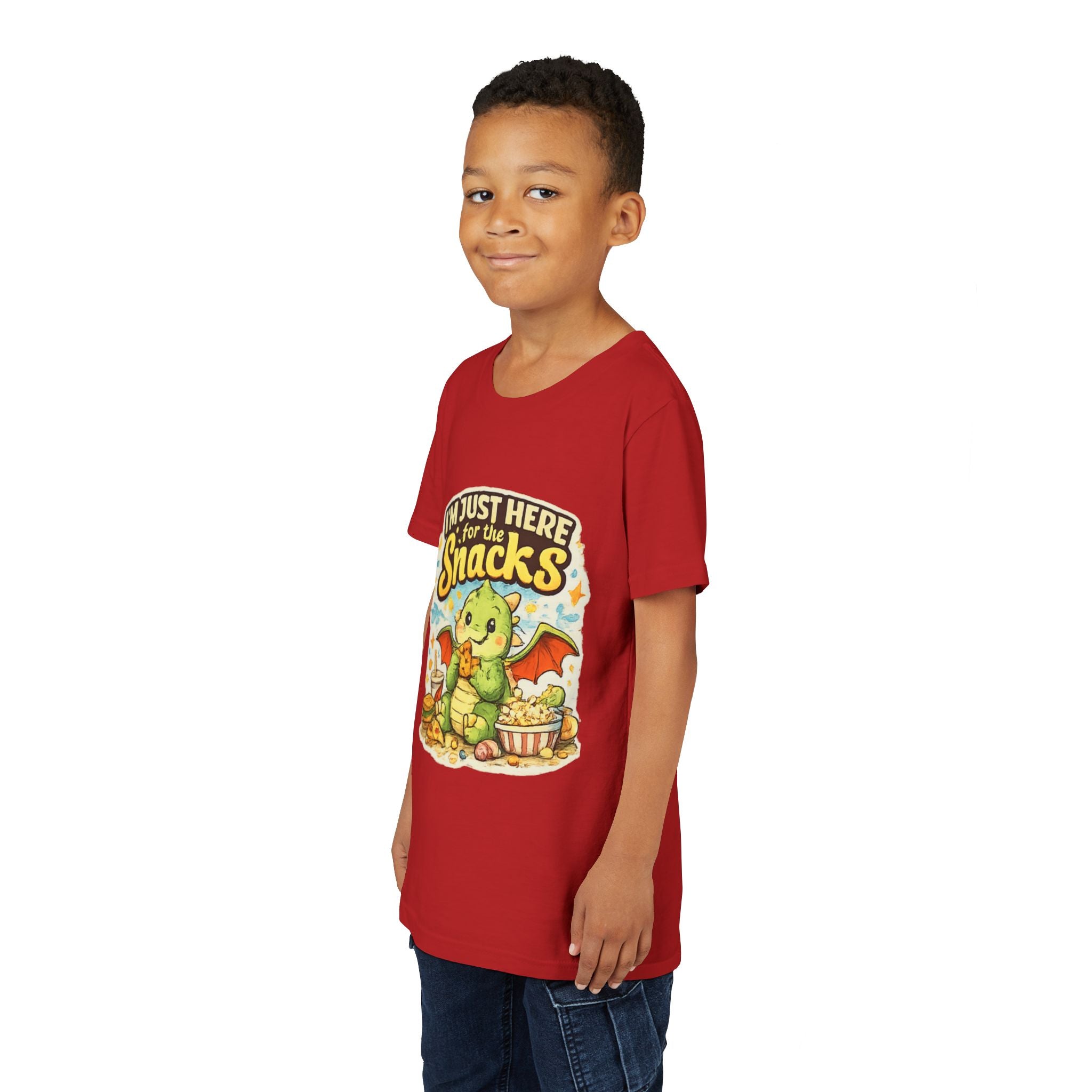 Kids Tee — Cute Dragon “I’m Just Here for the Snacks” Graphic T-Shirt