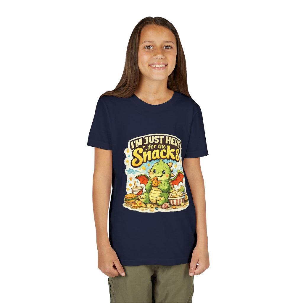 Kids Tee — Cute Dragon “I’m Just Here for the Snacks” Graphic T-Shirt