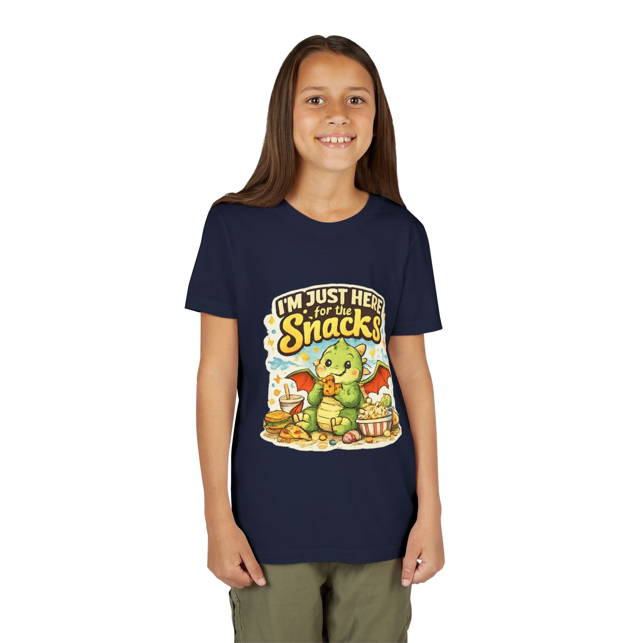 Kids Tee — Cute Dragon “I’m Just Here for the Snacks” Graphic T-Shirt