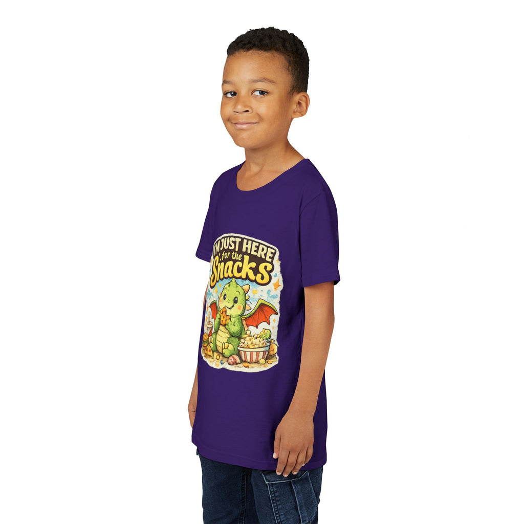 Kids Tee — Cute Dragon “I’m Just Here for the Snacks” Graphic T-Shirt