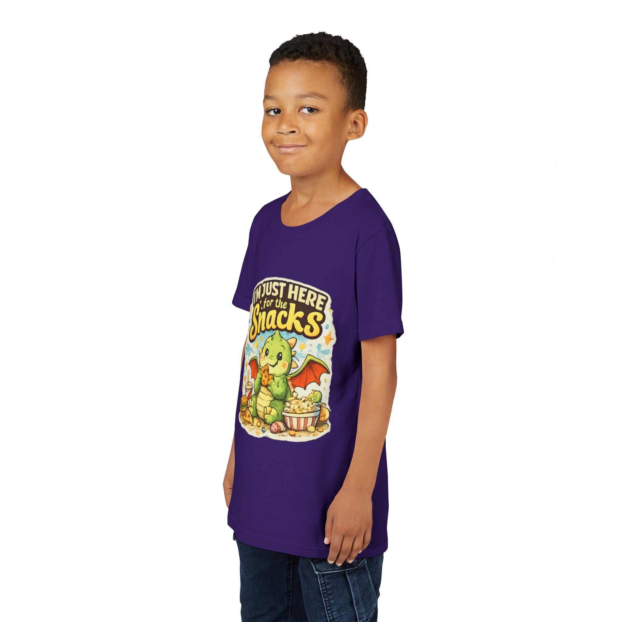 Kids Tee — Cute Dragon “I’m Just Here for the Snacks” Graphic T-Shirt