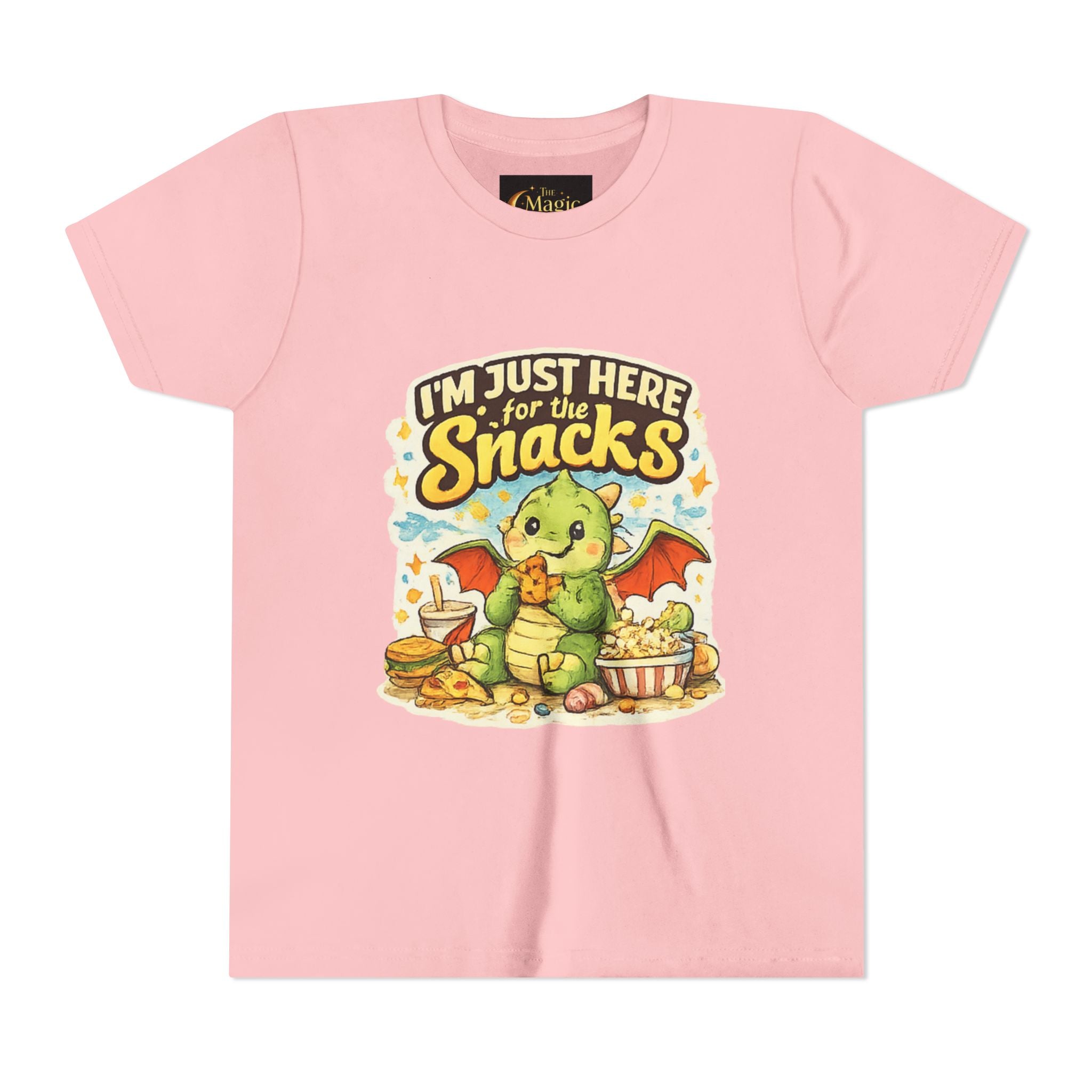 Kids Tee — Cute Dragon “I’m Just Here for the Snacks” Graphic T-Shirt