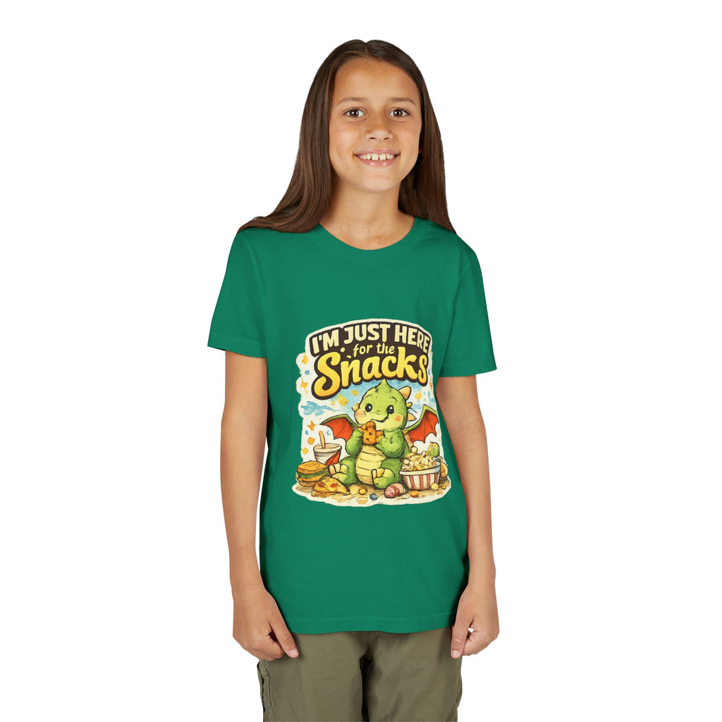 Kids Tee — Cute Dragon “I’m Just Here for the Snacks” Graphic T-Shirt