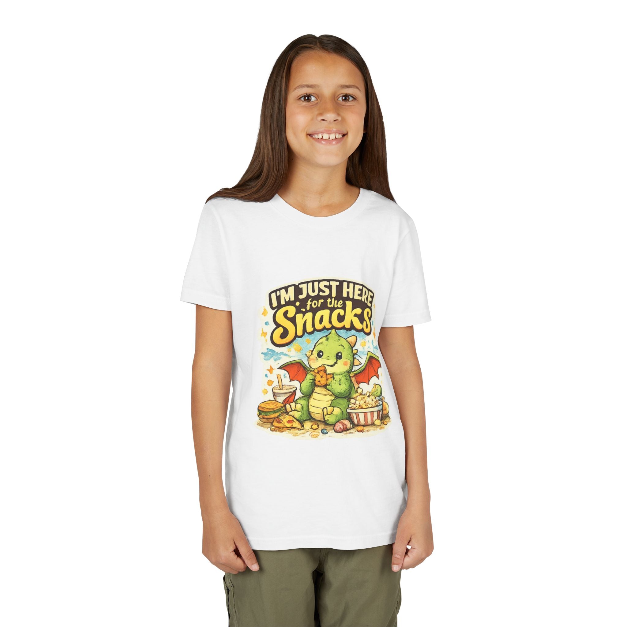 Kids Tee — Cute Dragon “I’m Just Here for the Snacks” Graphic T-Shirt