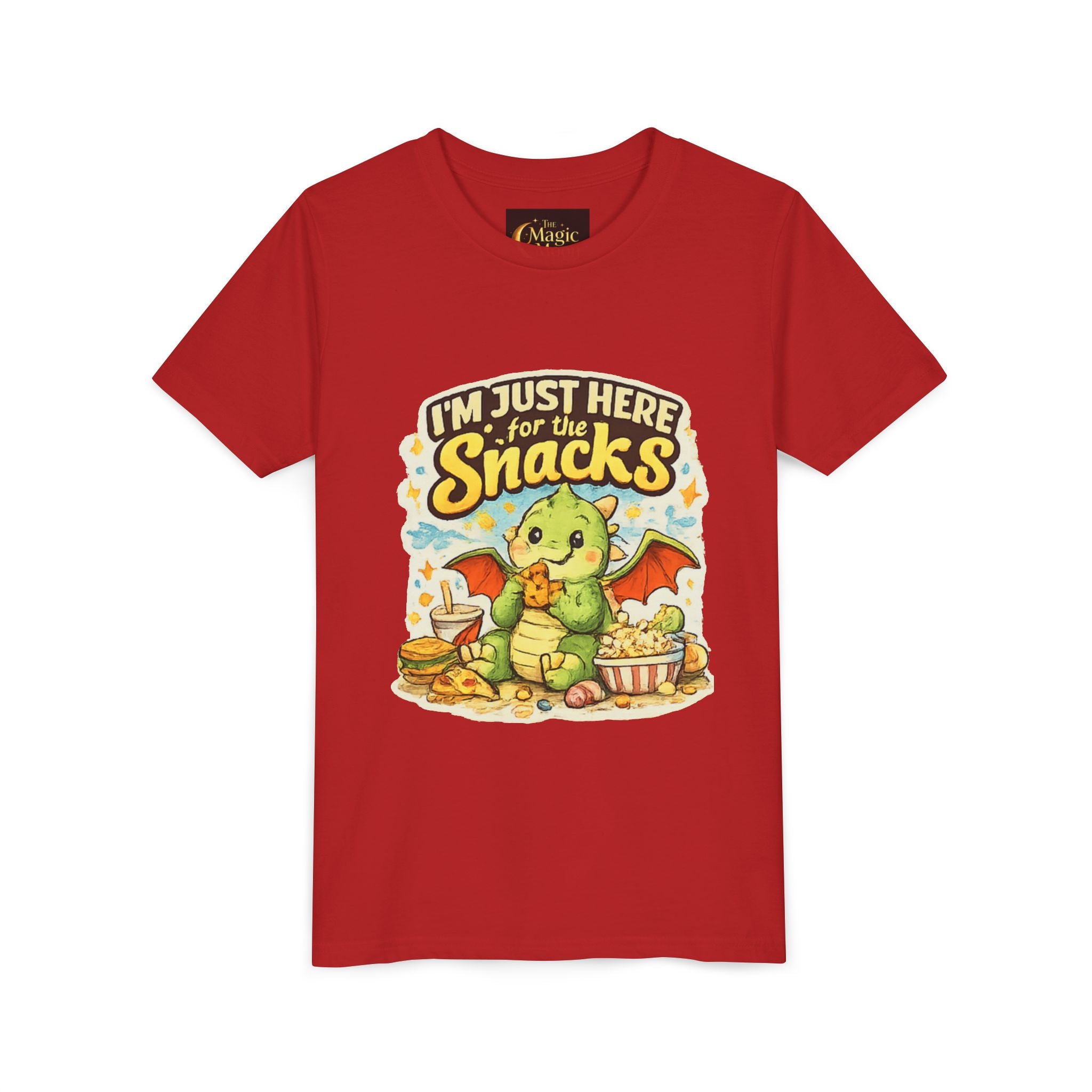 Kids Tee — Cute Dragon “I’m Just Here for the Snacks” Graphic T-Shirt