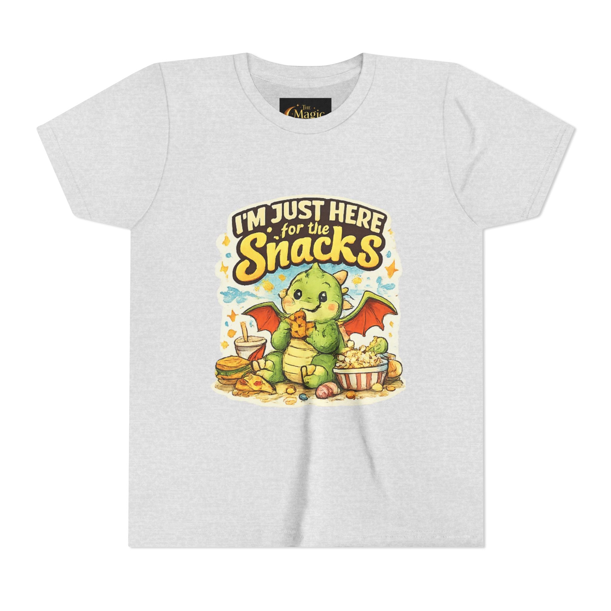 Kids Tee — Cute Dragon “I’m Just Here for the Snacks” Graphic T-Shirt