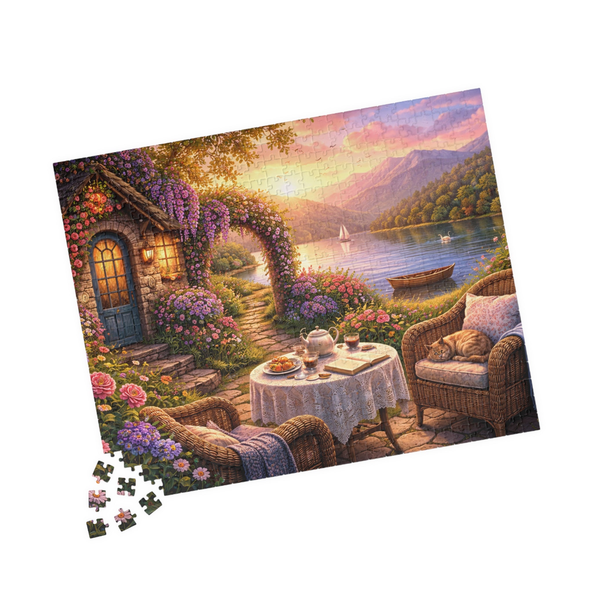 Scenic Lakeside Cottage Puzzle — Tranquil Tea Time 110–1014 Piece Jigsaw