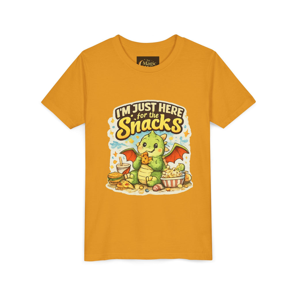 Kids Tee — Cute Dragon “I’m Just Here for the Snacks” Graphic T-Shirt