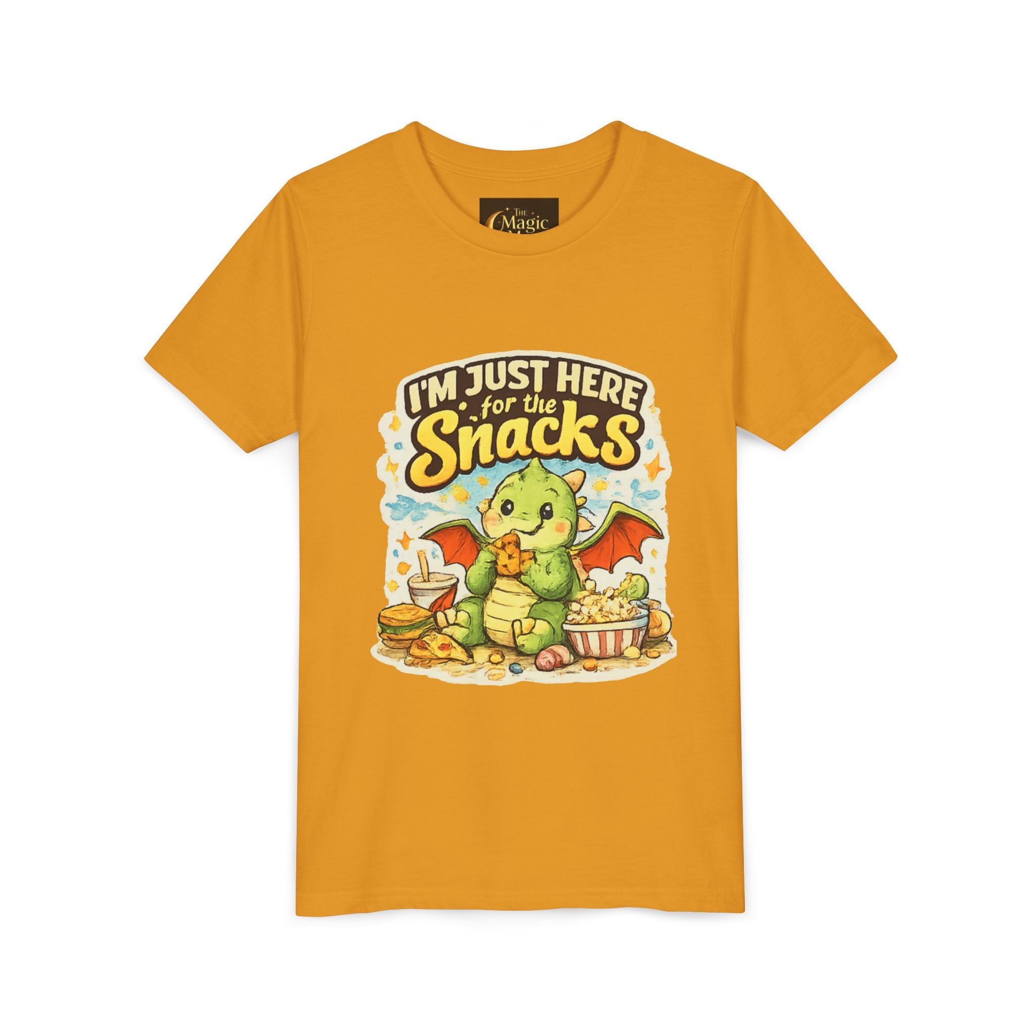 Kids Tee — Cute Dragon “I’m Just Here for the Snacks” Graphic T-Shirt