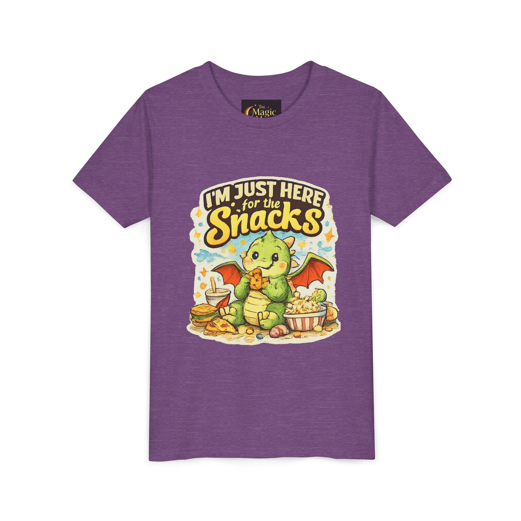 Kids Tee — Cute Dragon “I’m Just Here for the Snacks” Graphic T-Shirt