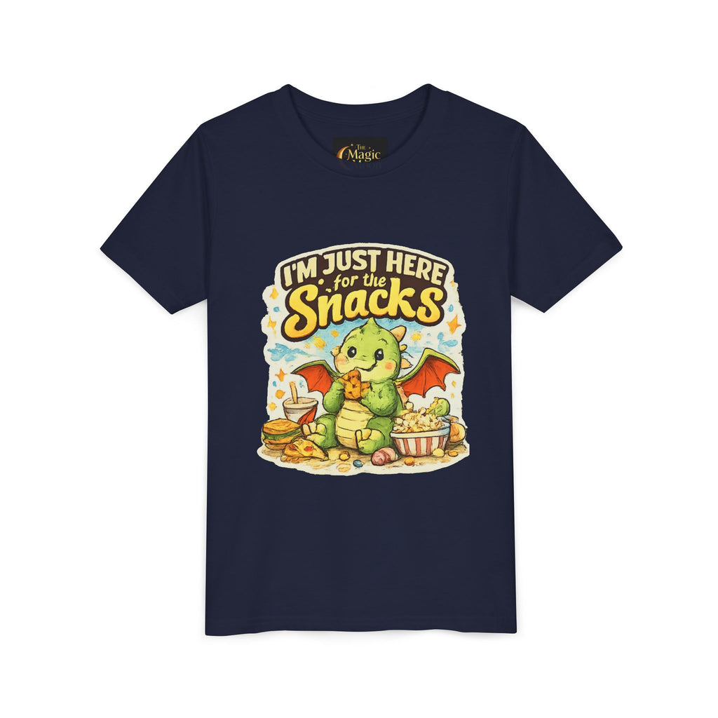 Kids Tee — Cute Dragon “I’m Just Here for the Snacks” Graphic T-Shirt