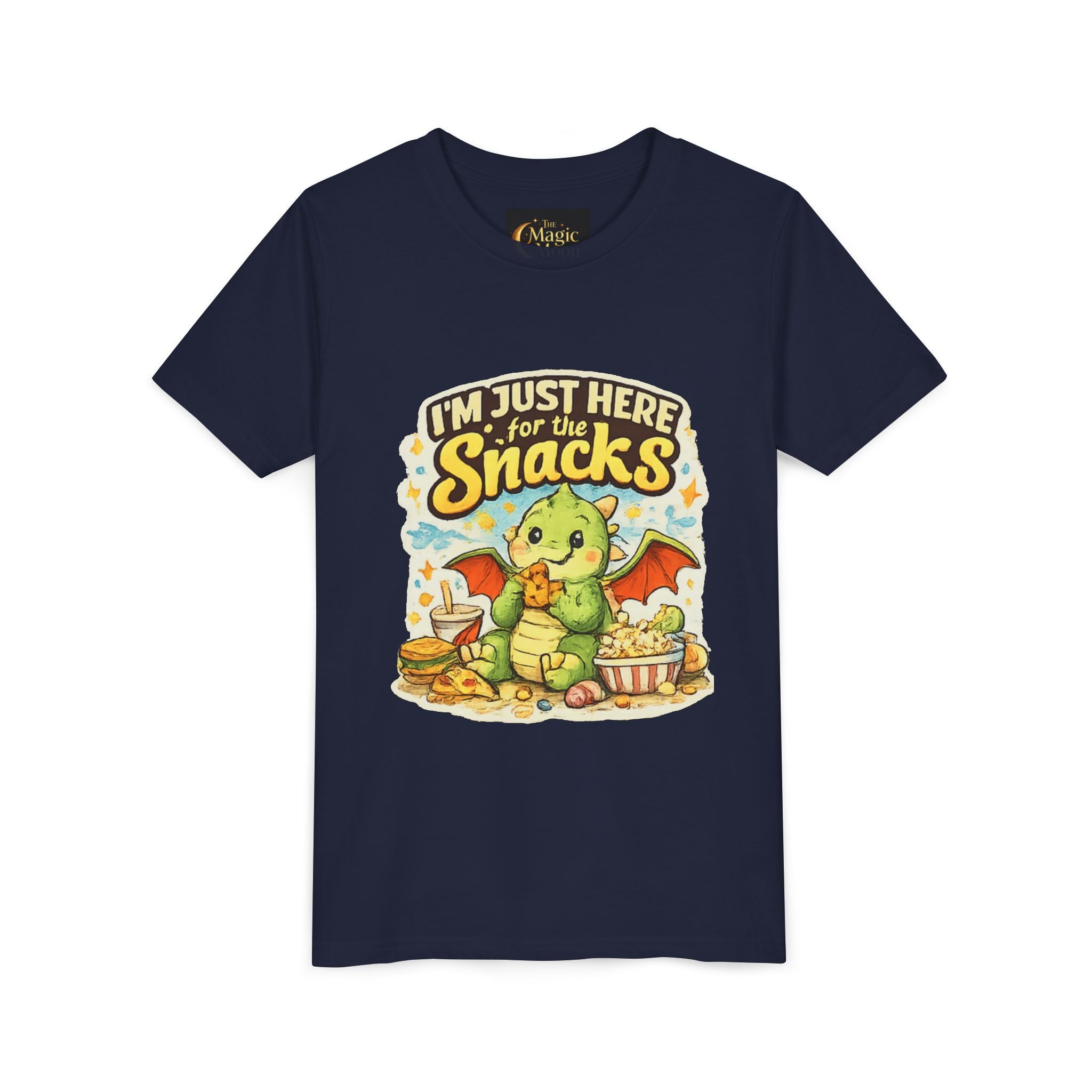Kids Tee — Cute Dragon “I’m Just Here for the Snacks” Graphic T-Shirt