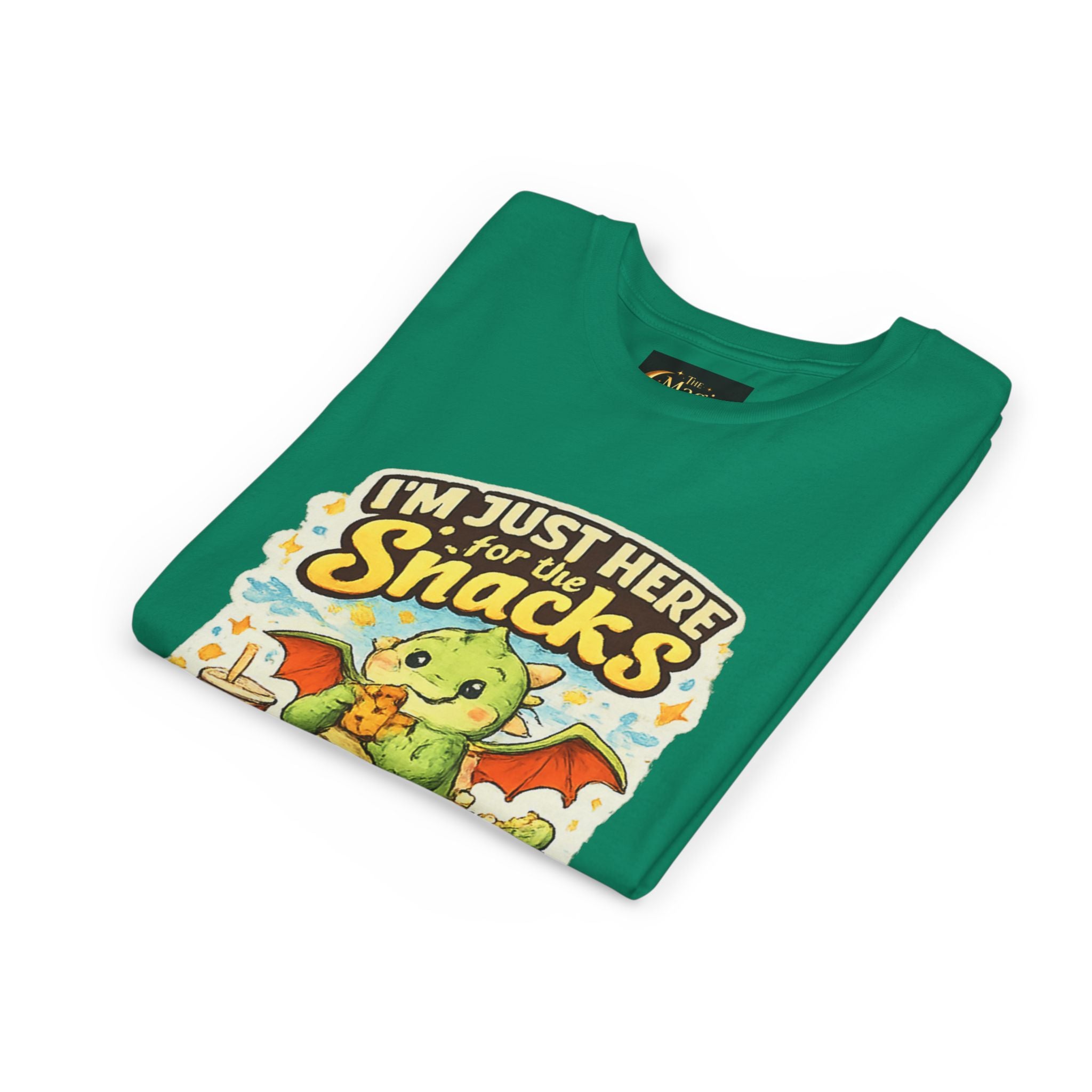 Kids Tee — Cute Dragon “I’m Just Here for the Snacks” Graphic T-Shirt