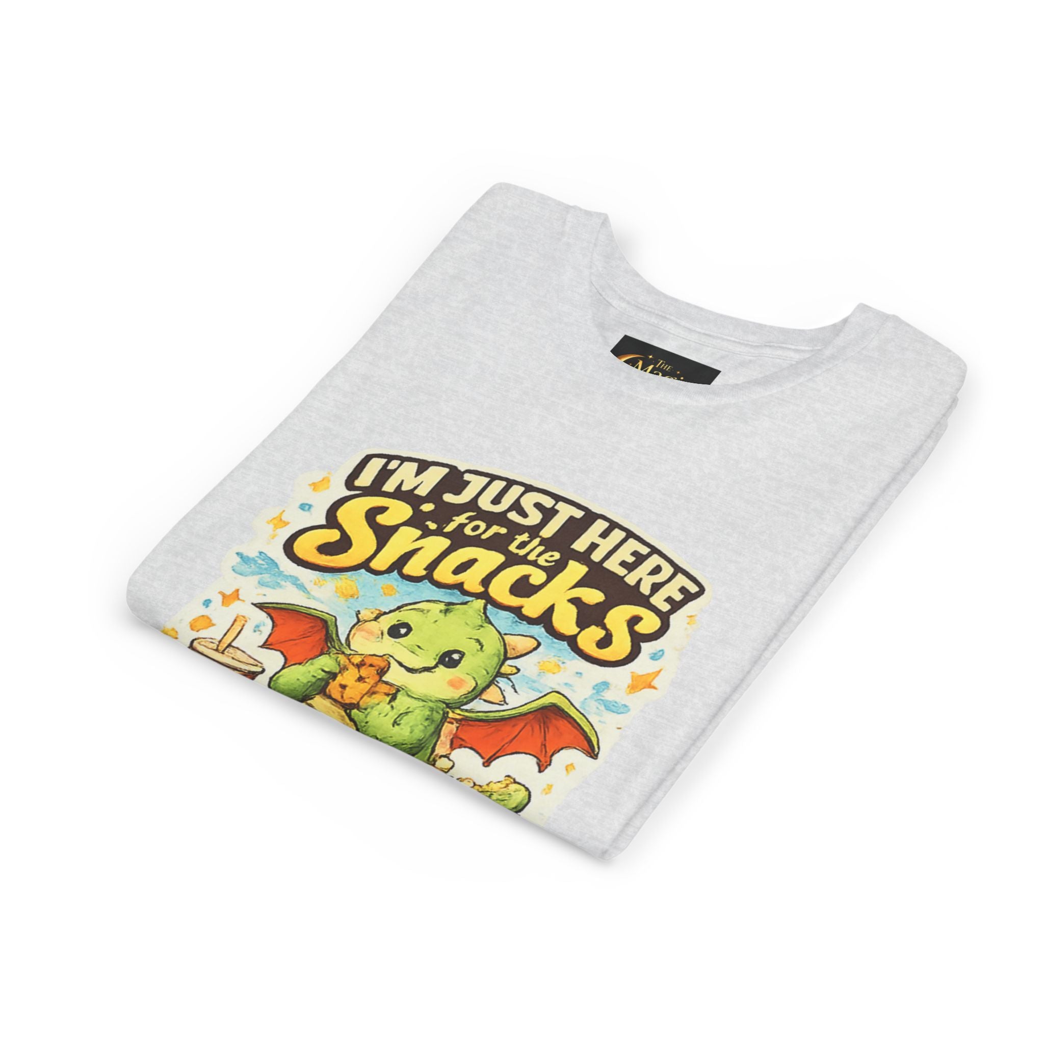 Kids Tee — Cute Dragon “I’m Just Here for the Snacks” Graphic T-Shirt