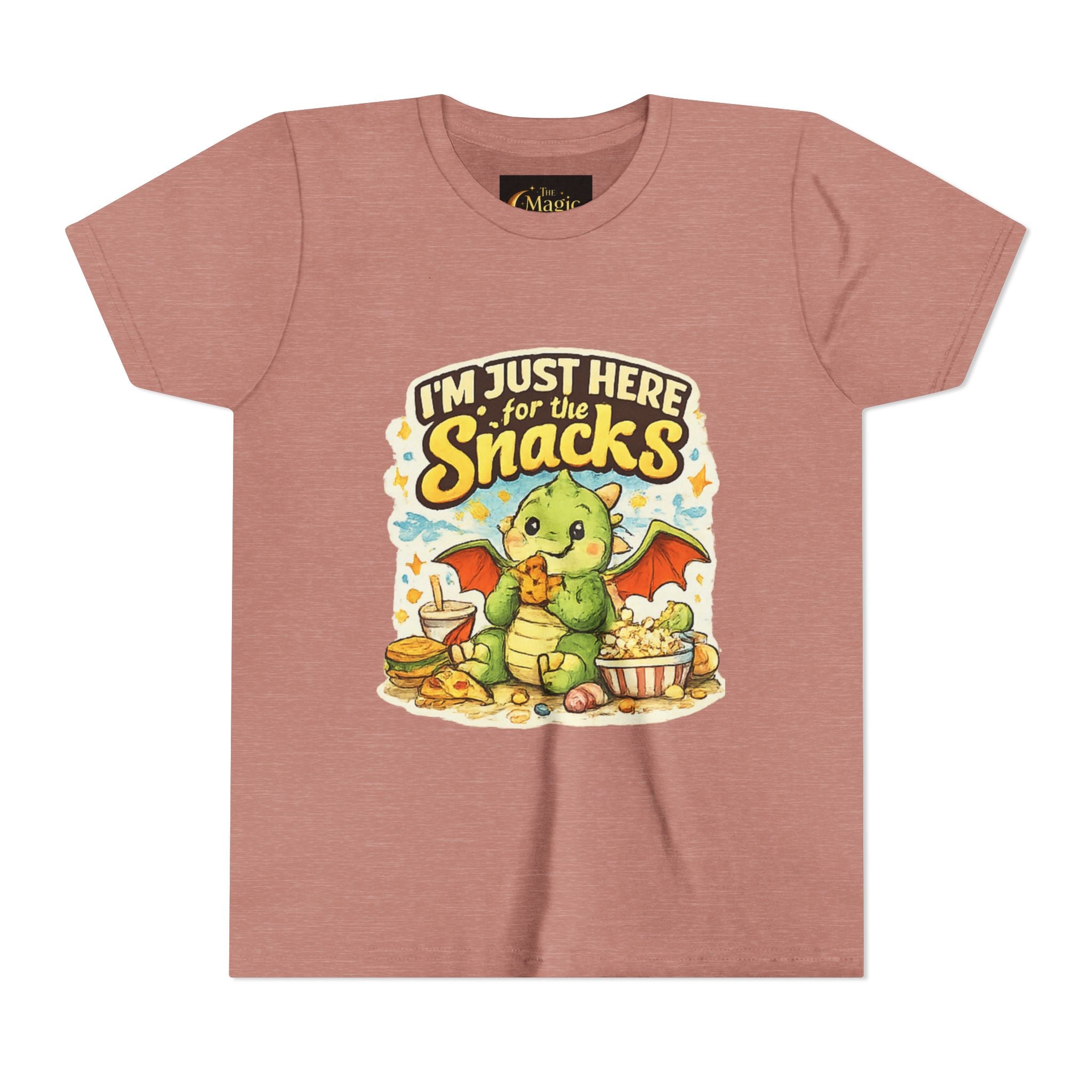 Kids Tee — Cute Dragon “I’m Just Here for the Snacks” Graphic T-Shirt