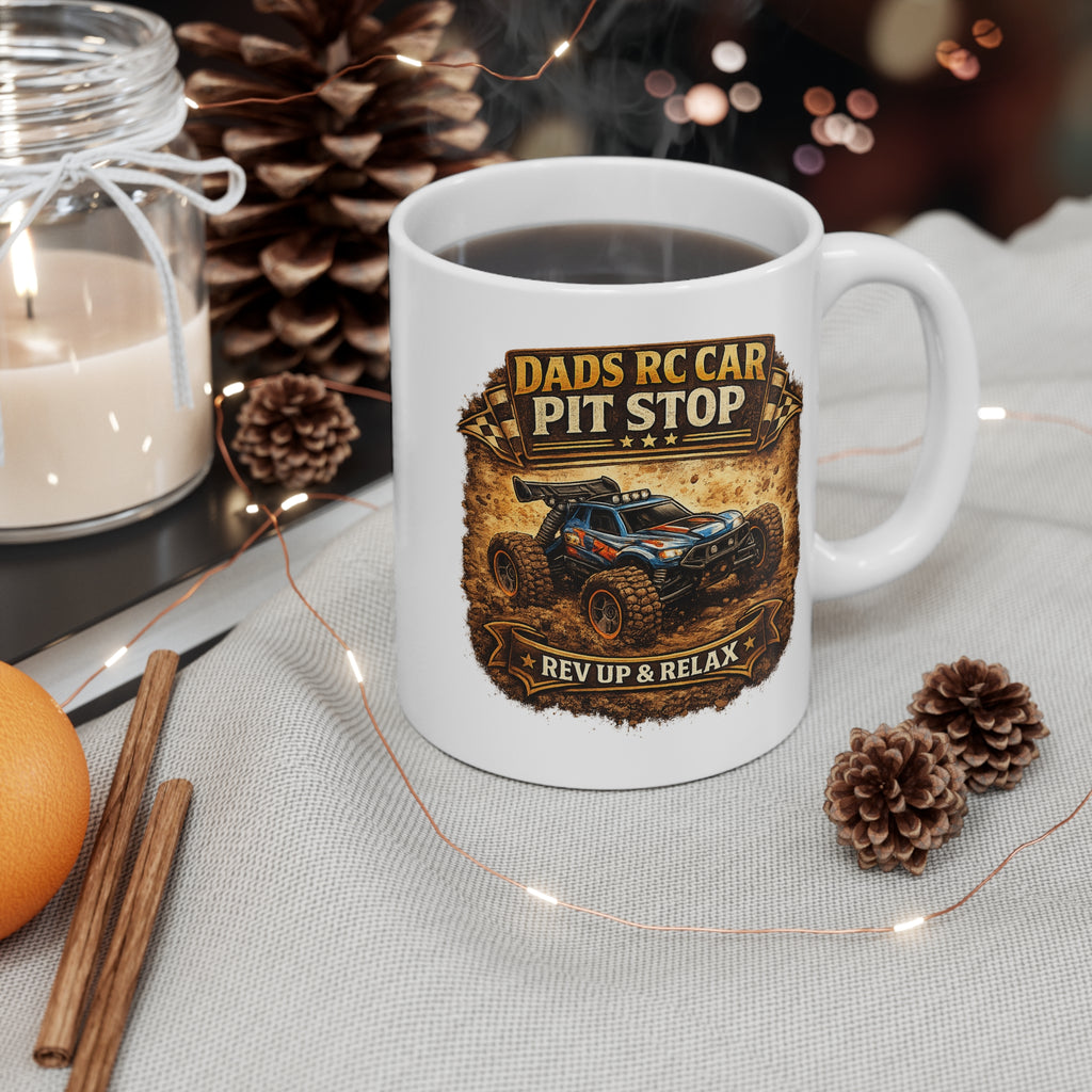 RC Car Mug – “Dad’s RC Car Pit Stop” 11oz Coffee Cup (Rev Up & Relax)